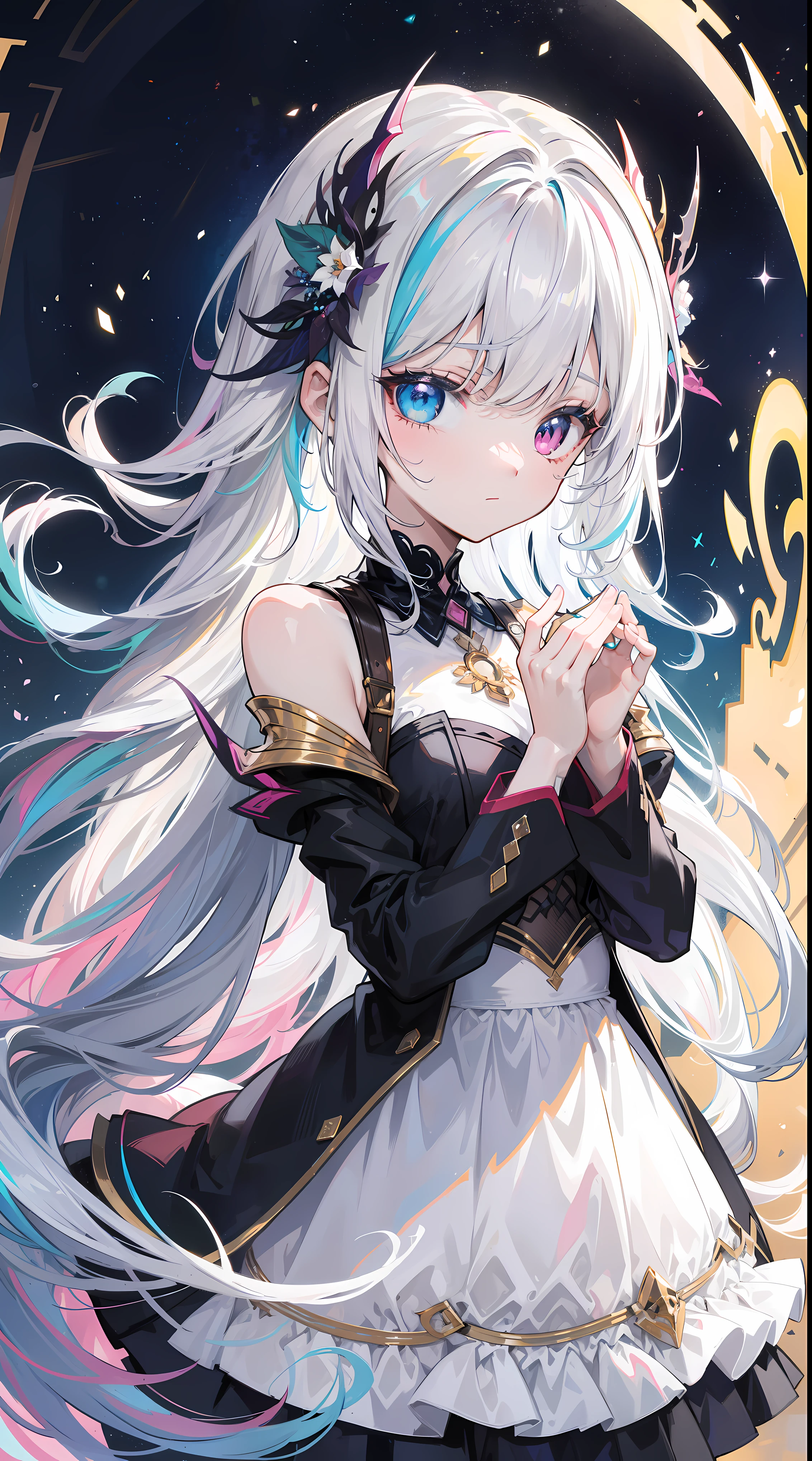{{tmasterpiece}},Beautiful and detailed colors,multicolour hair,Colorful light,Particulate matter,Heterochromia,(One color:1.5),(Hair color:1.5),