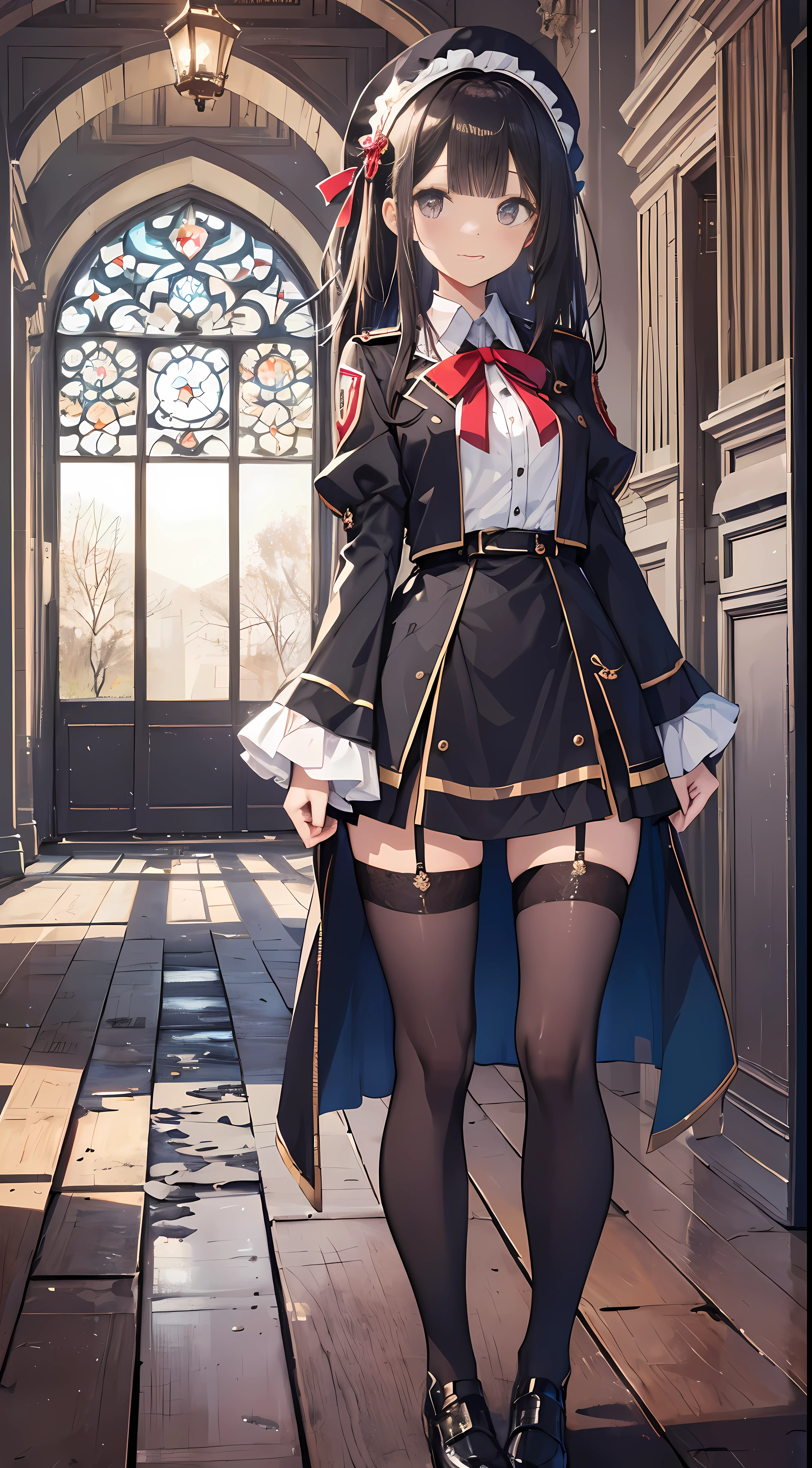 ((4K、8K、quality、Perfect Finger: 1.perfect anatomia: 1.3、The background is blurred))、(Transform the sequence)、((a beautiful slender girl、Shy Laughter、Cute big droopy eyes、Long straight hair with sides facing up、12year old girl、small bust uniform tights、longer sleeves、Ornately decorated headband))、(high legs)、Eternal、Full body depiction、wide wide shot、In the noble hall、