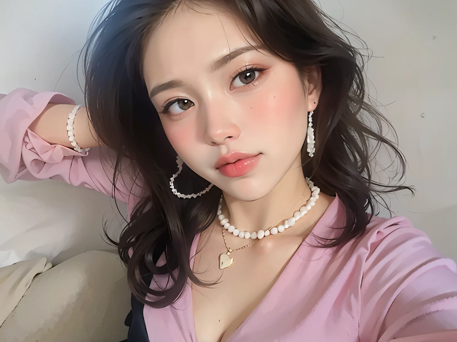 araffe woman with a white dress and a pearl necklace, xintong chen, wenfei ye, dilraba dilmurat, xision wu, pearls necklace, 8k selfie photograph, yanjun cheng, shaxi, chengyou liu, Zhang Wanting, lulu chen, pearls necklace, xue han, Gemma Chen, Inspired by Huang Ji