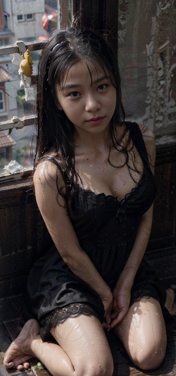 (From a straight above, bird's-eye perspective), 1girl, Realistic Chinese pretty teenage girl,12-years old, black colour silk lace nightdress, sheveless lace nightdress, erotic, small breast, knelt on the floor, eye gazing up to the camera, with sweat on body, sweat on breasts,wet body,wet chest,wet breasts, waiting for punishment, from above, holding chest, grab chest, beside the window