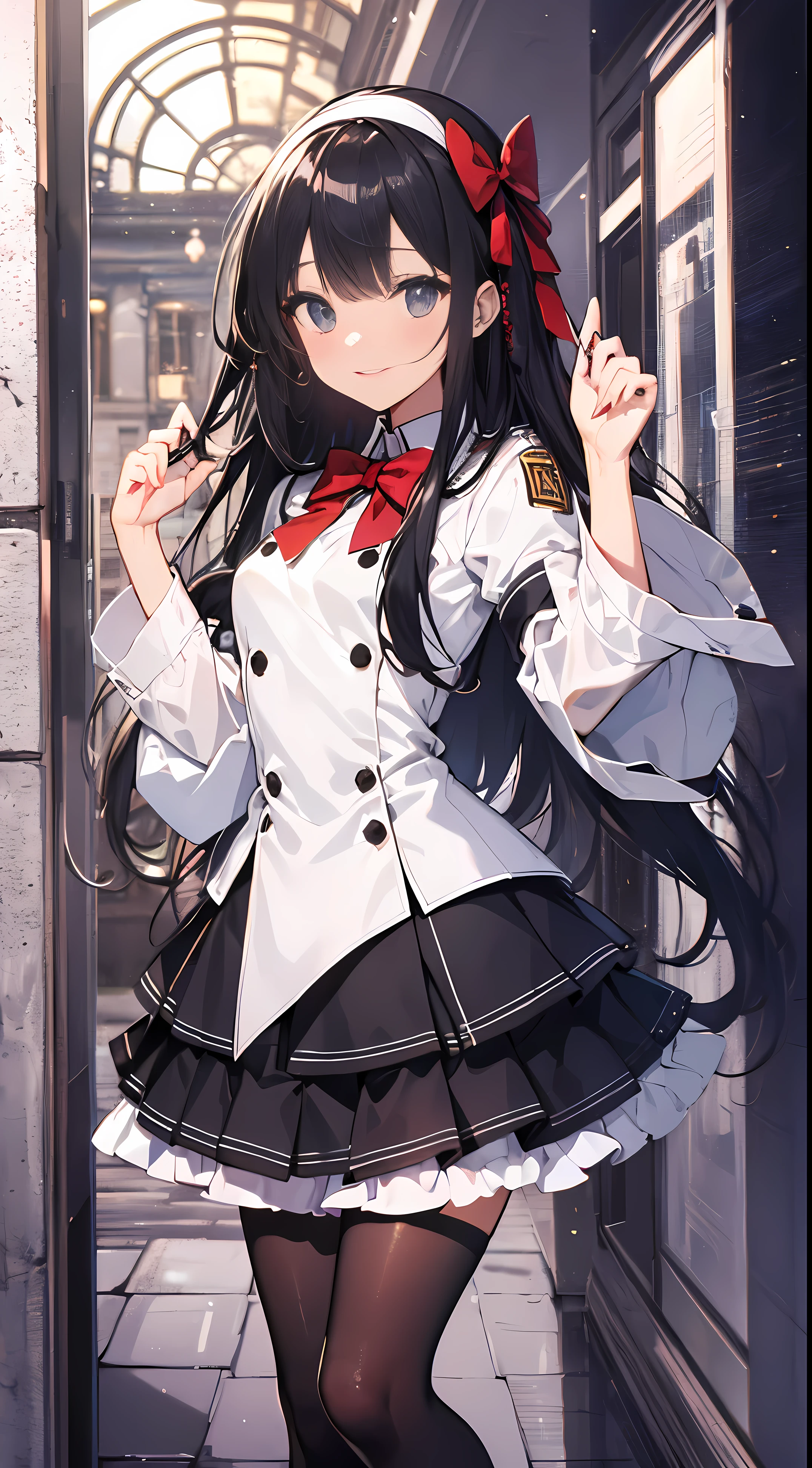 ((4K、8K、quality、Perfect Finger: 1.perfect anatomia: 1.3、The background is blurred))、(Transform the sequence)、((a beautiful slender girl、Shy Laughter、Cute big droopy eyes、Long straight hair with sides facing up、12year old girl、small bust uniform tights、longer sleeves、Ornately decorated headband))、(high legs)、Eternal、Full body depiction、wide wide shot、In the noble hall、