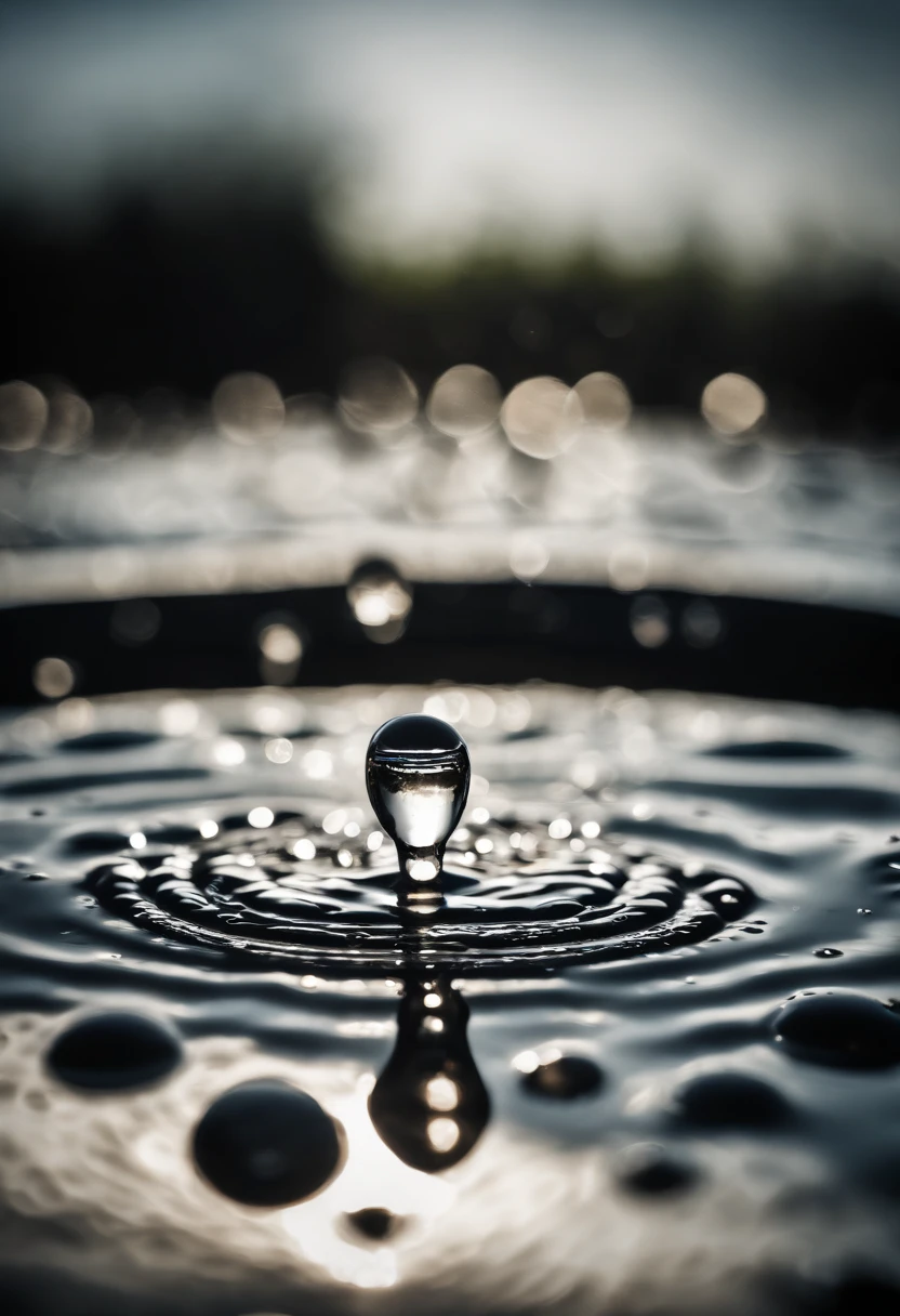 an abstract shot of water droplets on a vibrating surface, with multiple droplets creating unique and unpredictable patterns, showcasing the chaos and beauty that arises from the influence of vibration on water