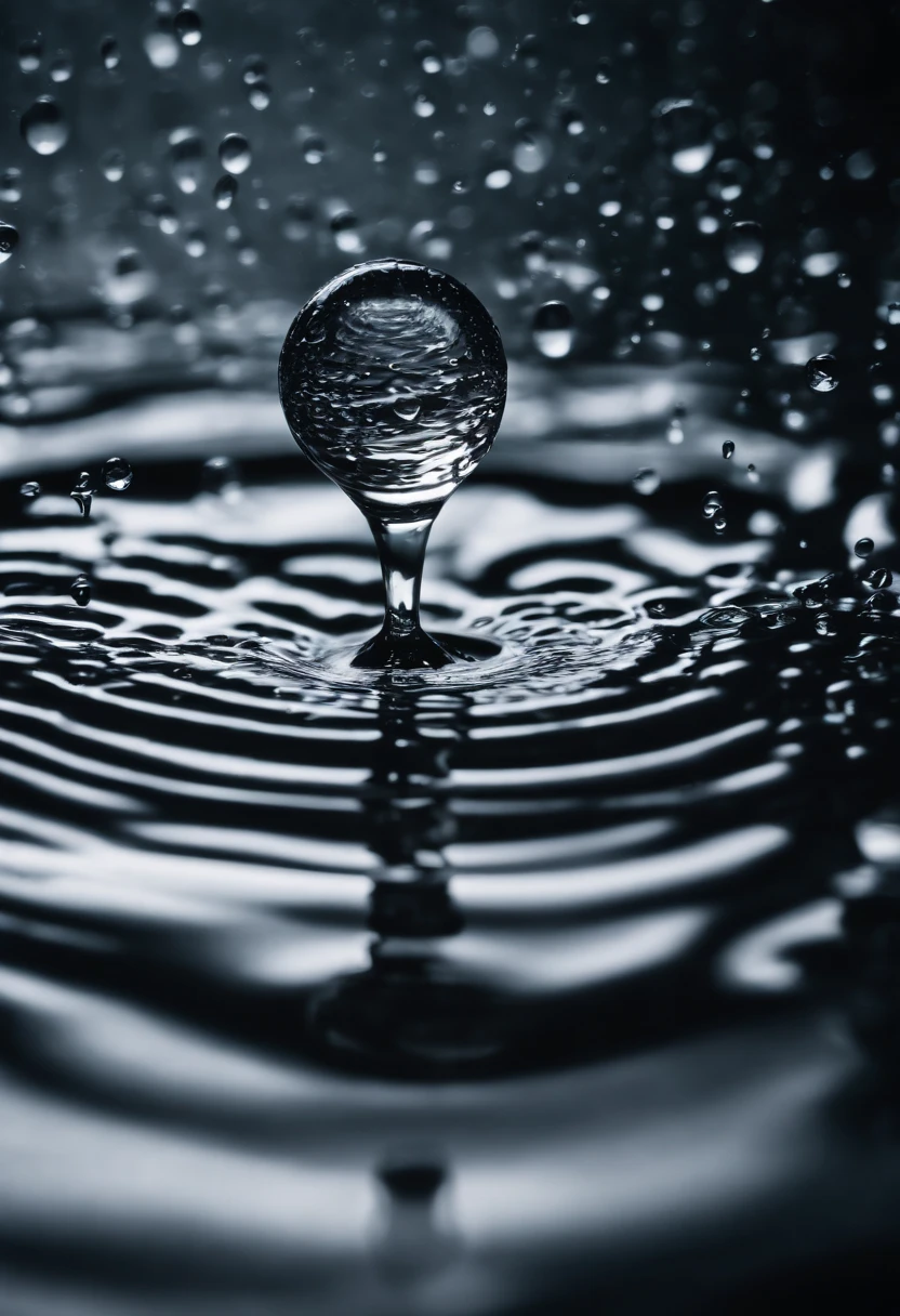 an abstract shot of water droplets on a vibrating surface, with multiple droplets creating unique and unpredictable patterns, showcasing the chaos and beauty that arises from the influence of vibration on water
