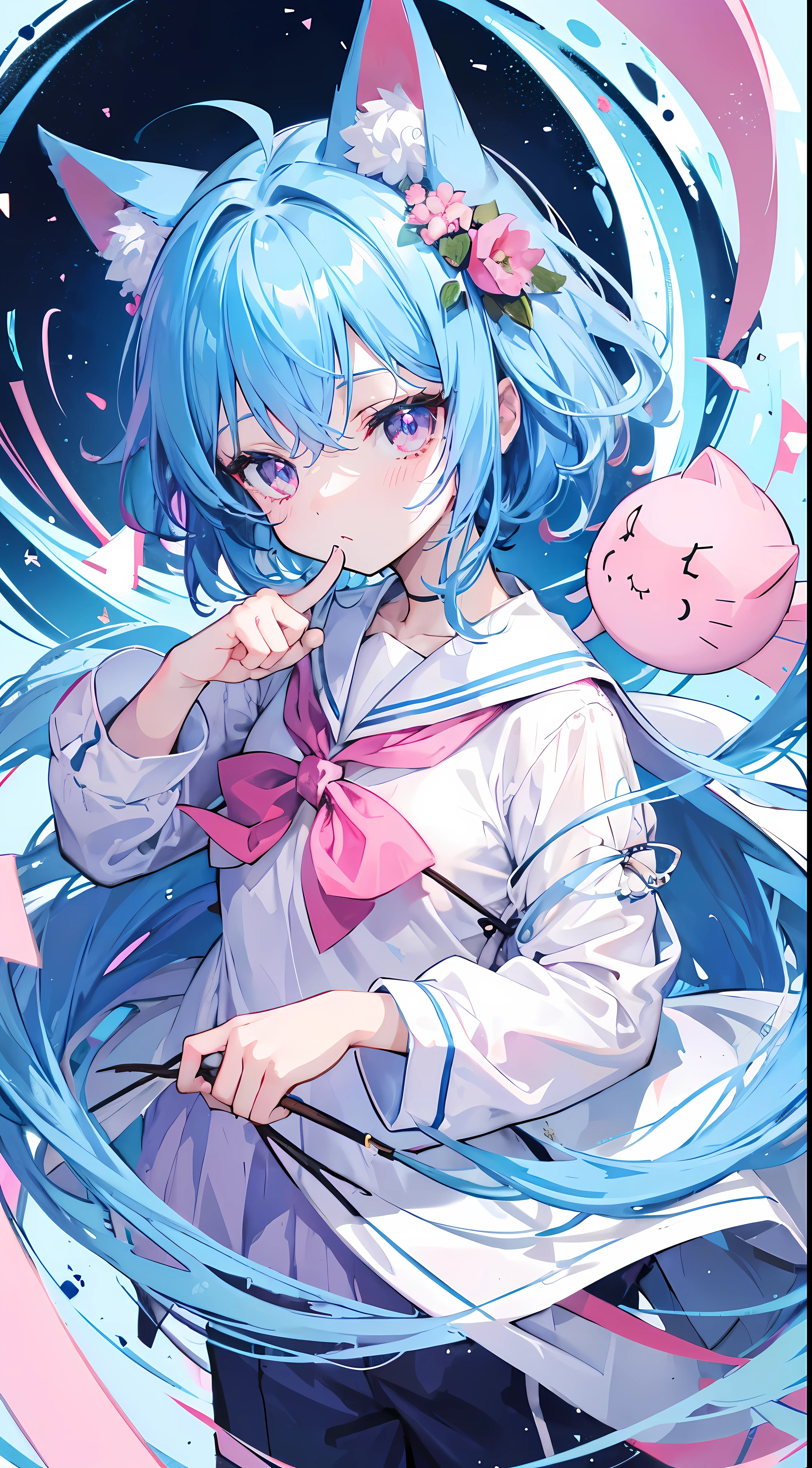 1 little boy,There are cat ears on the head,lightblue hair,a pink eyes,a sailor suit,facial closeups,Cute big breasts,Decoration in the shape of pentagonal statue