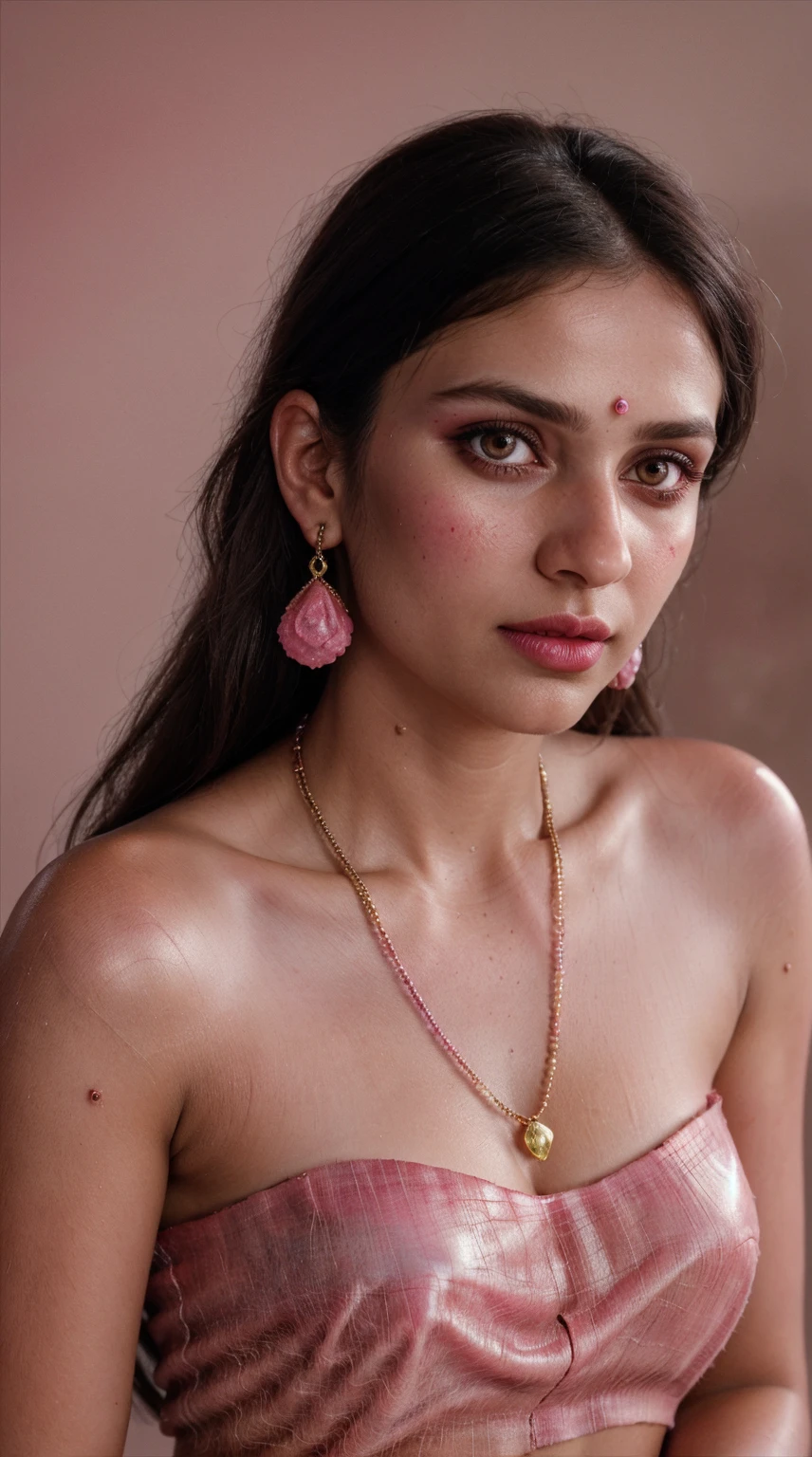 Pink indian Saree, (RAW photo, realism: 1.8), (very dark pink lip gloss, jet pink lipstick, realistic eyelashes, dark brown eye shadow, shy, blushing, high quality, high resolution, depth of field, chromatic aberration, caustic, wide light, natural colors, 30 year old woman), necklaces, chokers, earrings, bracelets, wear delicate accessories, soft skin, fair pink skin, small breasts size, oily shine skin, slime nose soft skin, wears small golden nose pin,