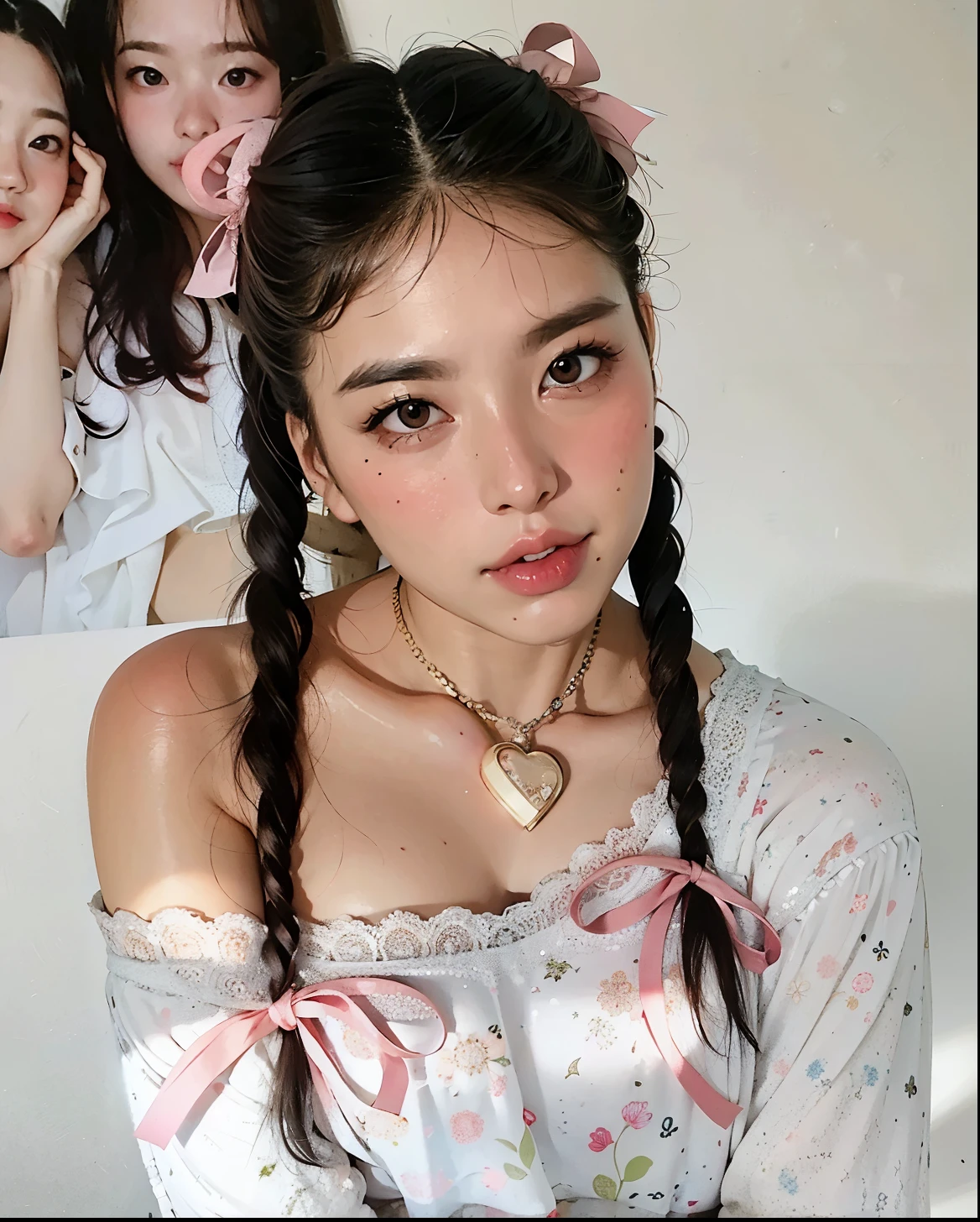 Blonde haired girl with a pink bow and headband posing for a photo, linda Delphine, branco hime corte penteado, Branch Range, Fairycore, longos cabelos brancos e franja, pale porcelain white skin, her hair is white, cabelo whitebangs cabelo, pale hair, menina perfeita de cabelos brancos, extremely pale blond hair, kawaii aesthetic, Estilo Lolita, ivory pale skin