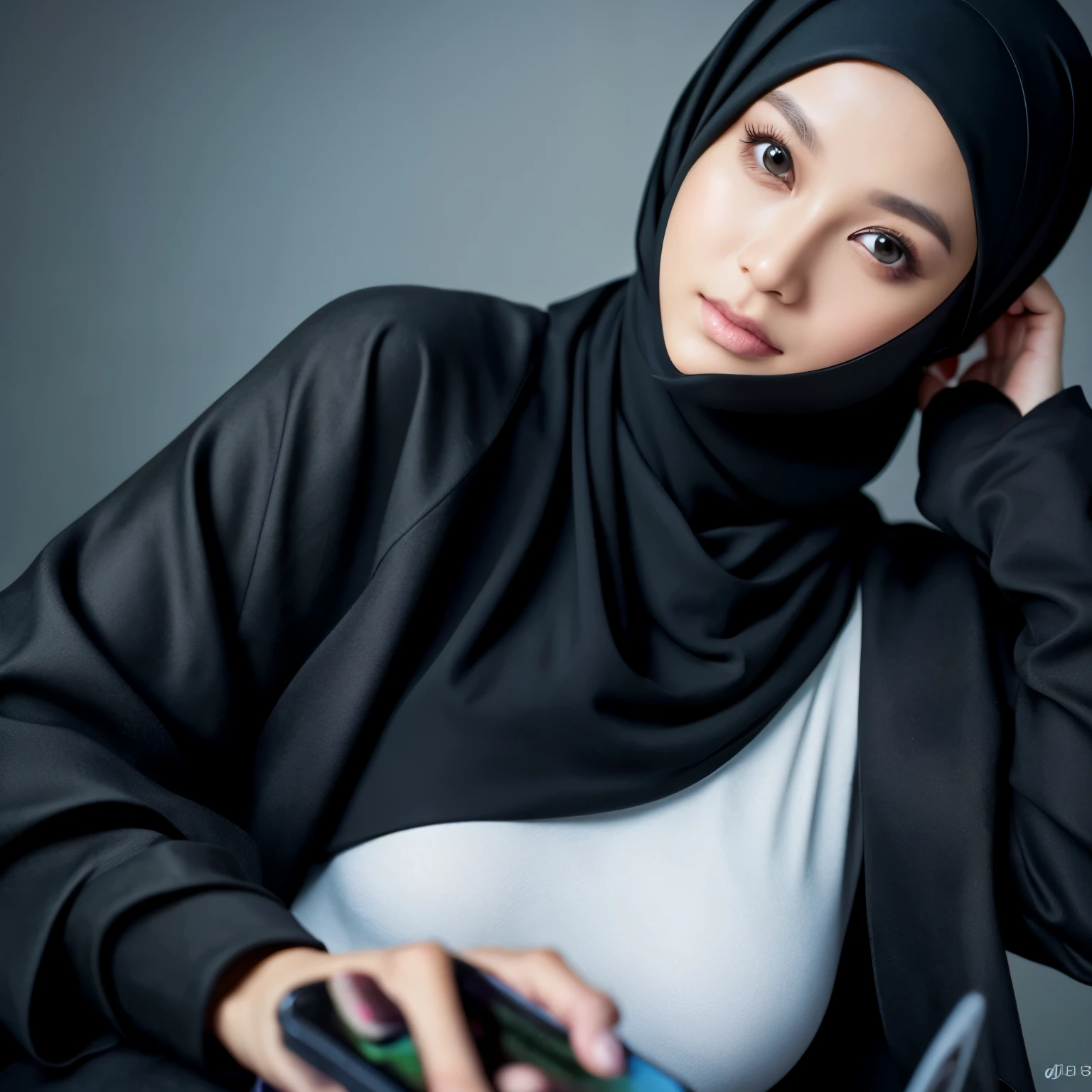 The prompt for generating a Stable Diffusion image of a pretty female model with a black jacket and a cell phone, including additional details of Siti Nurhaliza, Maya Karin, Elizabeth Tan, aesthetic, a 20-year-old girl with a thin face, wearing all black and a full hijab, can be:

"aesthetic,female model,black jacket,cell phone,Siti Nurhaliza,Maya Karin,Elizabeth Tan,thin face,20-year-old girl,full hijab,detailed eyes,detailed lips,black clothes,portrait,photorealistic,vivid colors,studio lighting"