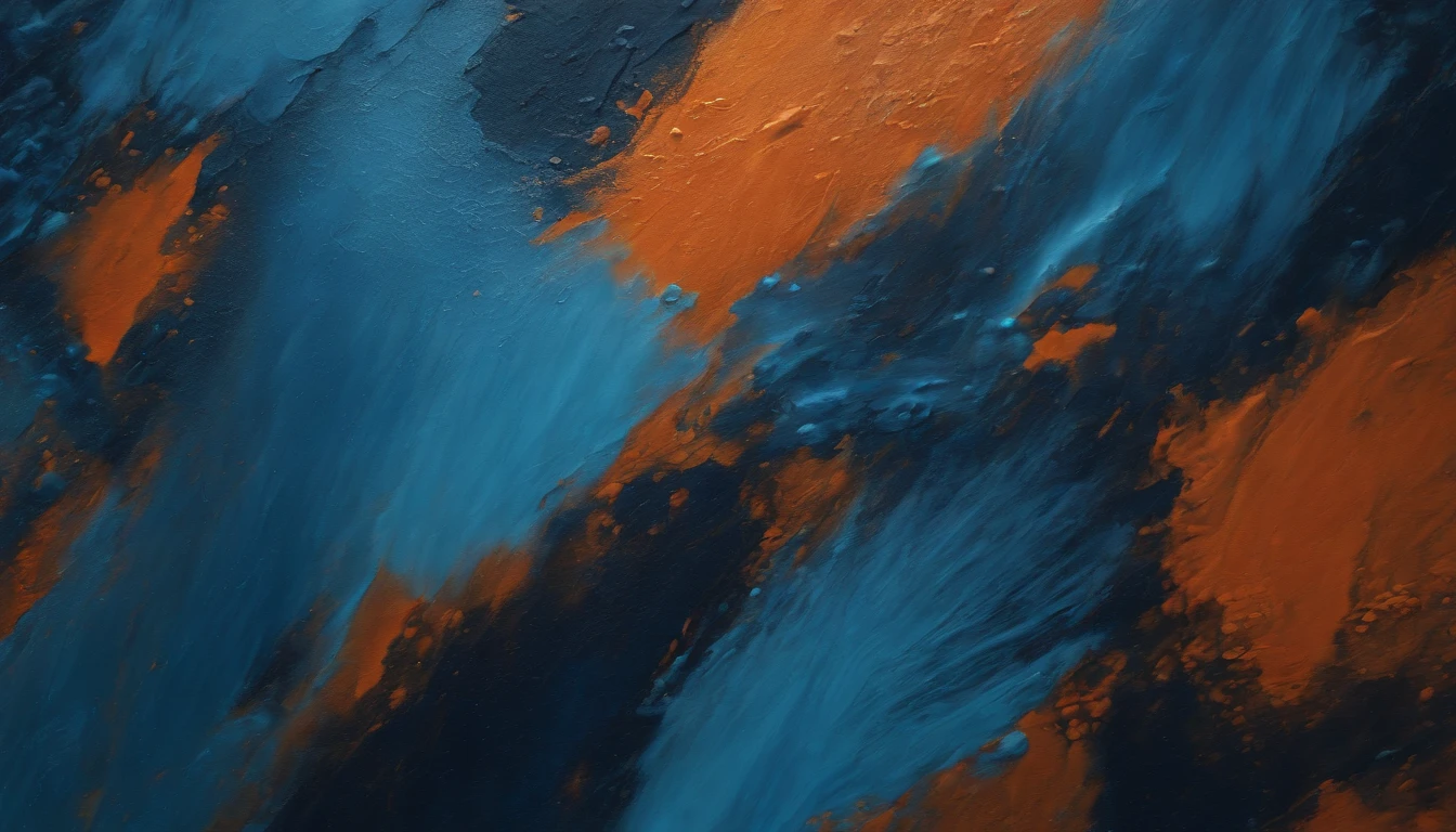 a close-up shot of an abstract background created with computer-generated graphics, featuring a vibrant blend of blue and orange tones in acrylic paint-like textures, with intricate details and realistic brush strokes