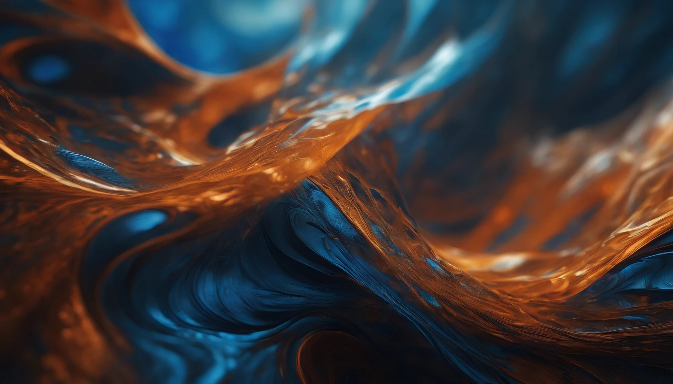 a macro shot of a computer-generated abstract background, zooming in on the intricate details of blue and orange paint-like textures, showcasing the depth and complexity of the digital artwork