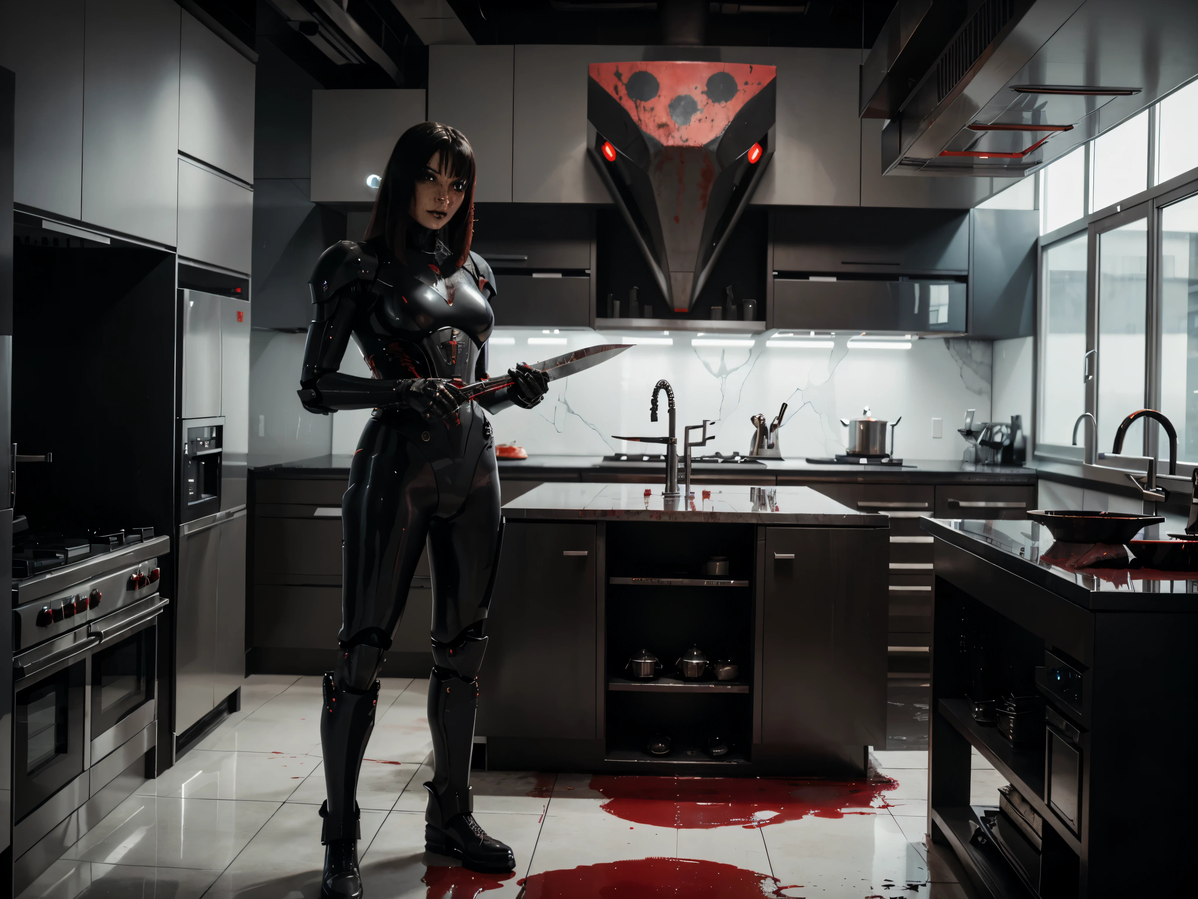 full length, futuristic, evil robot, menacing appearance and expression, holding a very large knife in a futuristic kitchen with blood pools and blood splatters everywhere