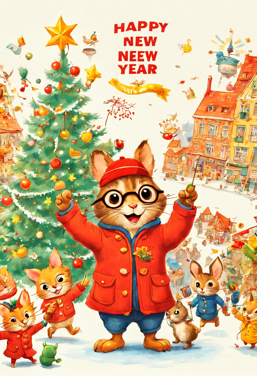 by Richard Scarry, happy new year, enhance, intricate, (best quality, masterpiece, Representative work, official art, Professional, unity 8k wallpaper:1.3)