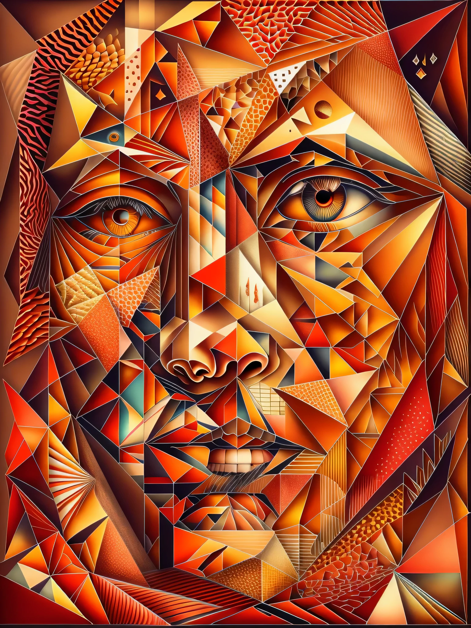 Fractured Visage This abstract portrait fractures the face into a myriad of geometric shapes. The sharp planes slice the visage into triangles, rectangles and parallelograms that overlap in a disjointed symmetry. One eye peeks out from an angled shard while the hint of a nose is visible through a trapezoidal window. The mouth is formed by two intersecting planes, red and orange that convey a sense of warmth. As the polygons overlap, they capture and reflect light across the face, creating an illusory glow and depth. The precisely arranged fractured planes suggest a crystalline, kaleidoscopic vision of the portrait from multiple dimensions simultaneously. The subject's face becomes a prism, refracting their likeness through the complex geometry of cubist abstraction.