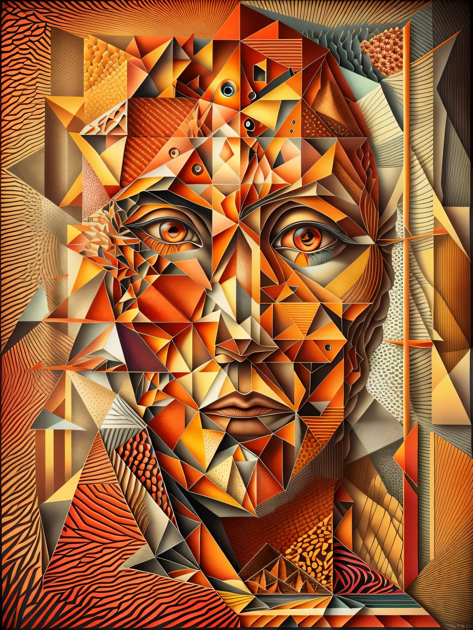 Fractured Visage This abstract portrait fractures the face into a myriad of geometric shapes. The sharp planes slice the visage into triangles, rectangles and parallelograms that overlap in a disjointed symmetry. One eye peeks out from an angled shard while the hint of a nose is visible through a trapezoidal window. The mouth is formed by two intersecting planes, red and orange that convey a sense of warmth. As the polygons overlap, they capture and reflect light across the face, creating an illusory glow and depth. The precisely arranged fractured planes suggest a crystalline, kaleidoscopic vision of the portrait from multiple dimensions simultaneously. The subject's face becomes a prism, refracting their likeness through the complex geometry of cubist abstraction.