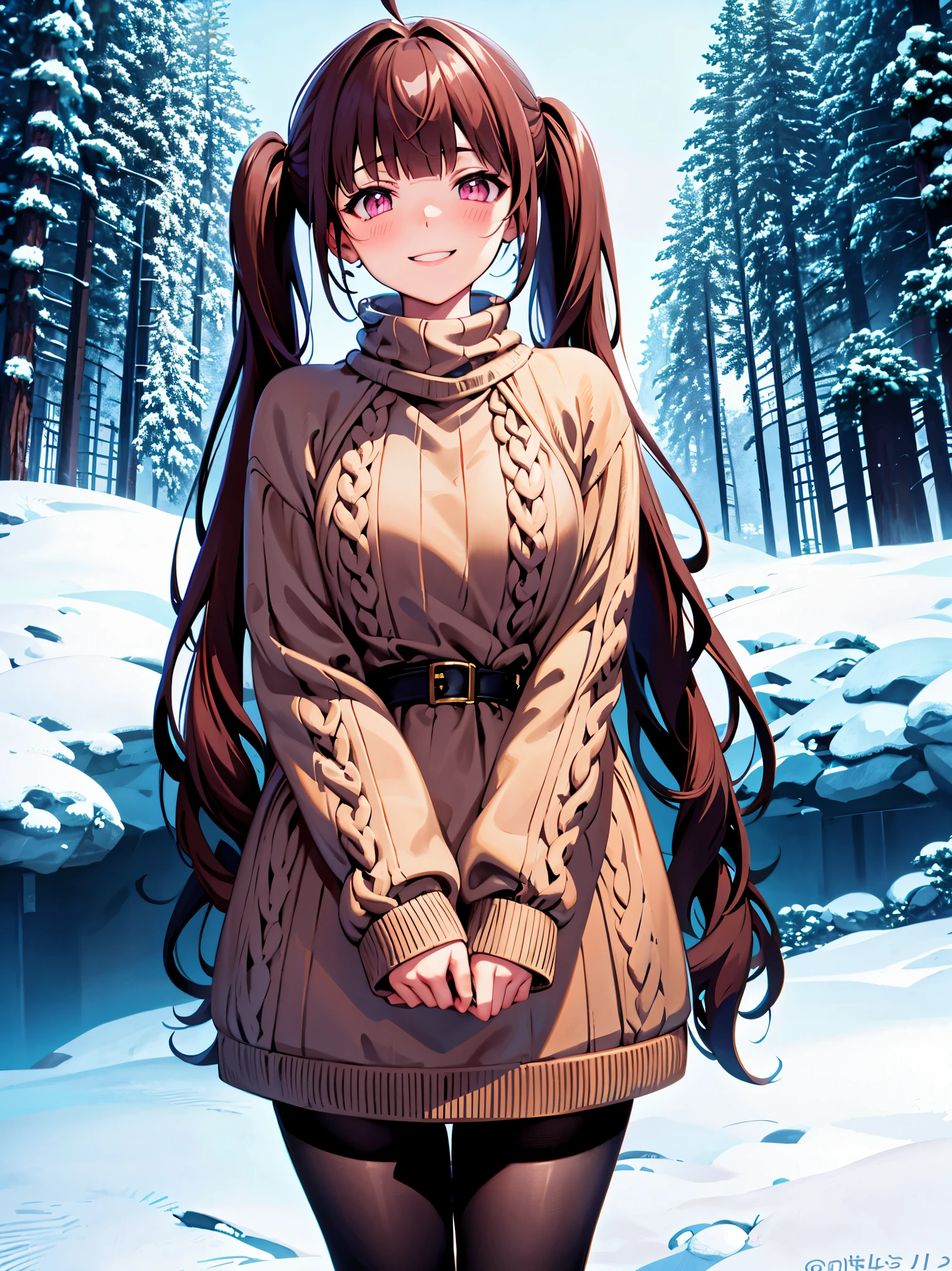 {{{{masterpiece}}}}, {{{hyper detailed}}}, {{{highres}}}, {{good anatomy}}, (((best quality))), ((anime style,anime charater)),(((pink eyes,brown hair))),natural landscape ,big perfect eyes,(((winter sweater))), hairclip, {8k cg wallpaper}, {{illustration,upper shot}},((blunt bangs|middle hair|long twintails)),smile,(1girl:1), solo, (chromatic aberration:1.2), little shy smile,cheery blush face,neat face,