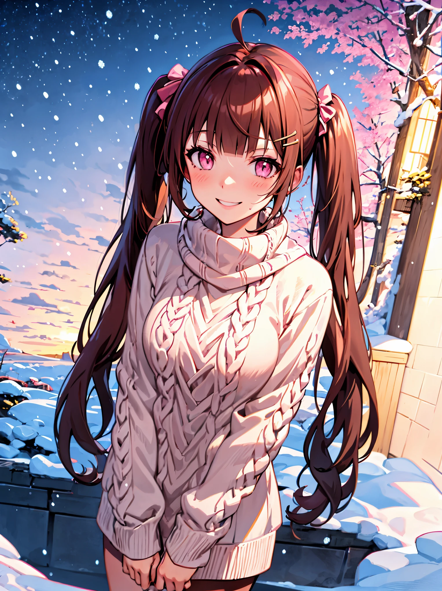 {{{{masterpiece}}}}, {{{hyper detailed}}}, {{{highres}}}, {{good anatomy}}, (((best quality))), ((anime style,anime charater)),(((pink eyes,brown hair))),pink bow on hair, big perfect eyes,(((winter sweater))), hairclip, {8k cg wallpaper}, {{illustration,upper shot}},((blunt bangs|middle hair|long twintails)),smile,(1girl:1), solo, (chromatic aberration:1.2), little shy smile,cheery blush face,neat face,