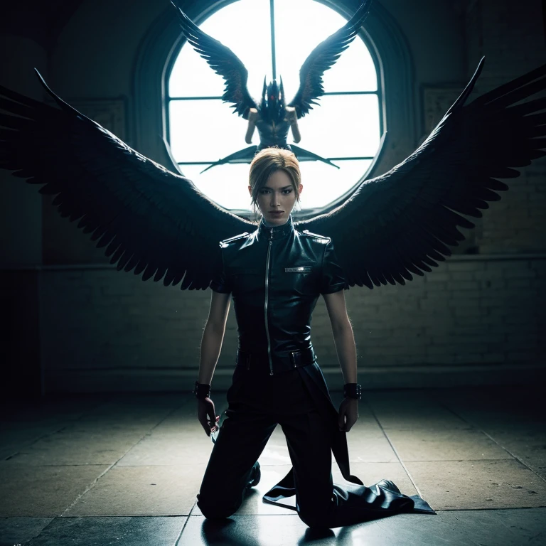 (2 androgynous males, archangel michael killing satan)