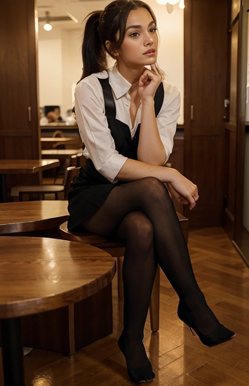1girl, Solo, 30 years old spanish woman, decent looking, elegant makeup, red nails,black 1 ponytail hairs, brown eyes,waitress uniform,black thick woolen pantyhose, without shoes, sitting on table, exposing feet, restaurant photography, Photography, 8k, Masterpiece, show feet, Full Body Shooting, Top Quality, Fine Pore, Realistic, Photorealistic, Ultra Detailed