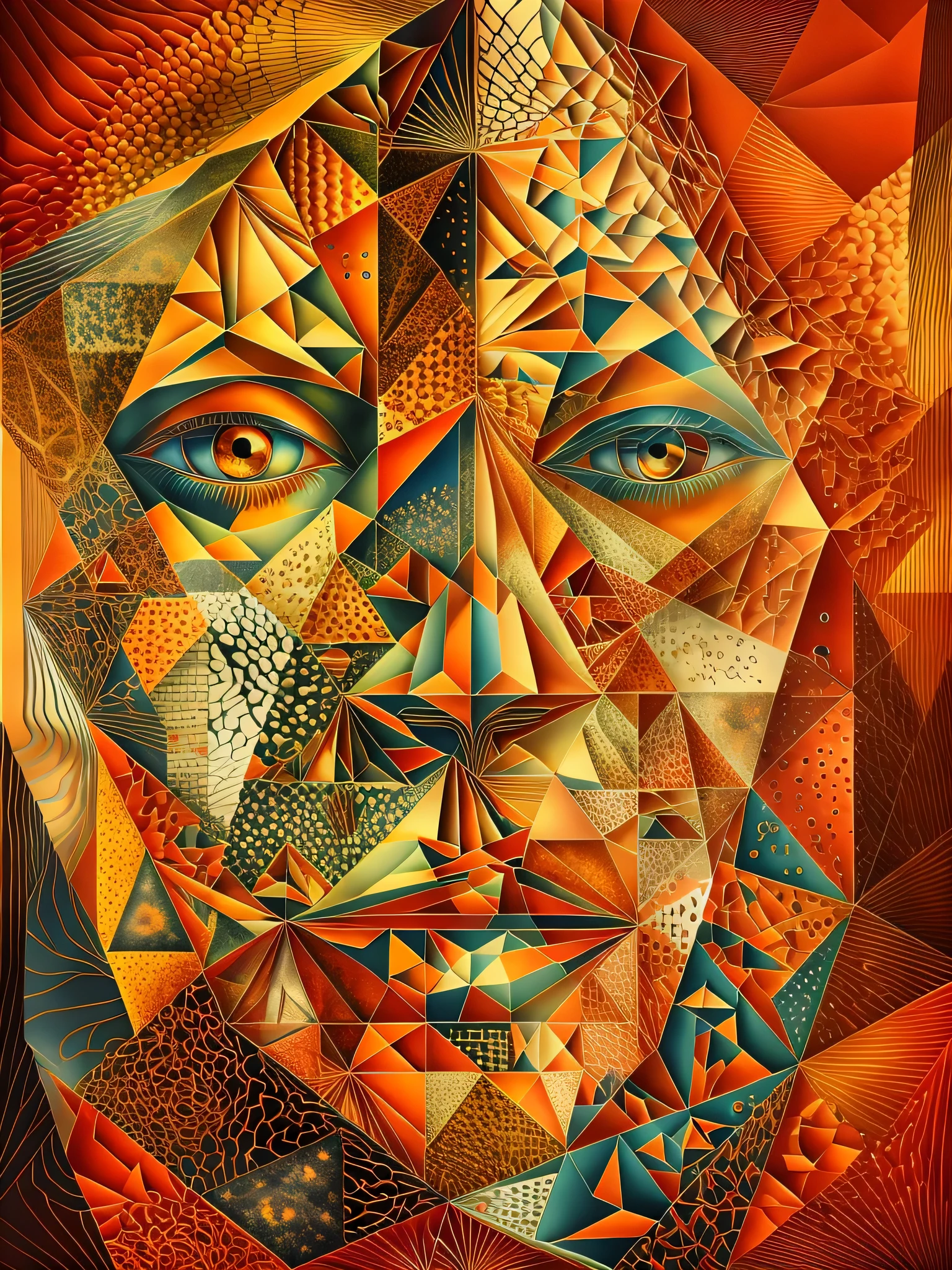 Fractured Visage This abstract portrait fractures the face into a myriad of geometric shapes. The sharp planes slice the visage into triangles, rectangles and parallelograms that overlap in a disjointed symmetry. One eye peeks out from an angled shard while the hint of a nose is visible through a trapezoidal window. The mouth is formed by two intersecting planes, red and orange that convey a sense of warmth. As the polygons overlap, they capture and reflect light across the face, creating an illusory glow and depth. The precisely arranged fractured planes suggest a crystalline, kaleidoscopic vision of the portrait from multiple dimensions simultaneously. The subject's face becomes a prism, refracting their likeness through the complex geometry of cubist abstraction.