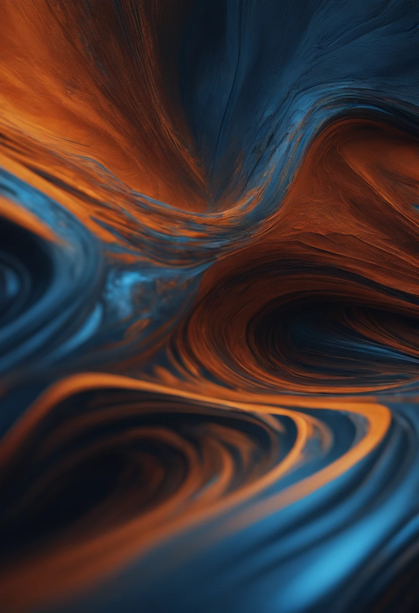 a macro shot of a computer-generated abstract background, zooming in on the intricate details of blue and orange paint-like textures, showcasing the depth and complexity of the digital artwork