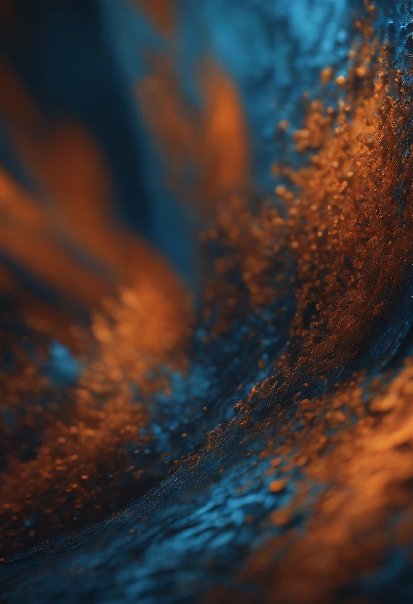 a macro shot of a computer-generated abstract background, zooming in on the intricate details of blue and orange paint-like textures, showcasing the depth and complexity of the digital artwork