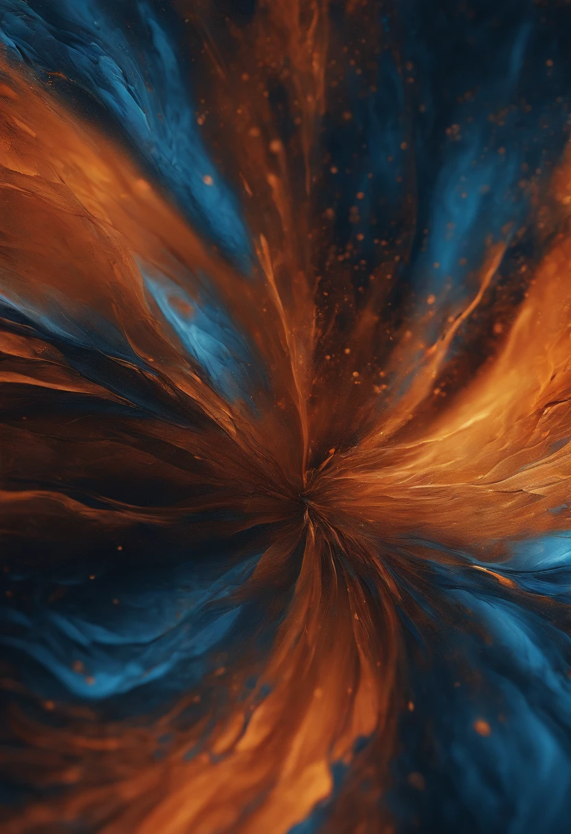 a macro shot of a computer-generated abstract background, zooming in on the intricate details of blue and orange paint-like textures, showcasing the depth and complexity of the digital artwork