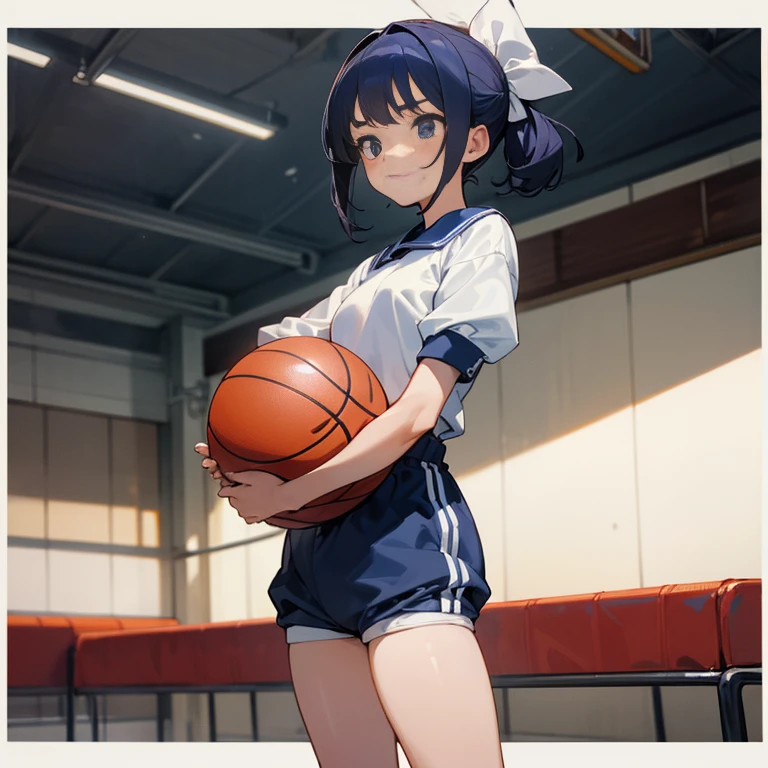 A 16-year-old girl wearing gym clothes and bloomers is standing holding a basketball. Red bowl roll Gymnasium serious facial expression Navy blue bloomers white gym uniform
