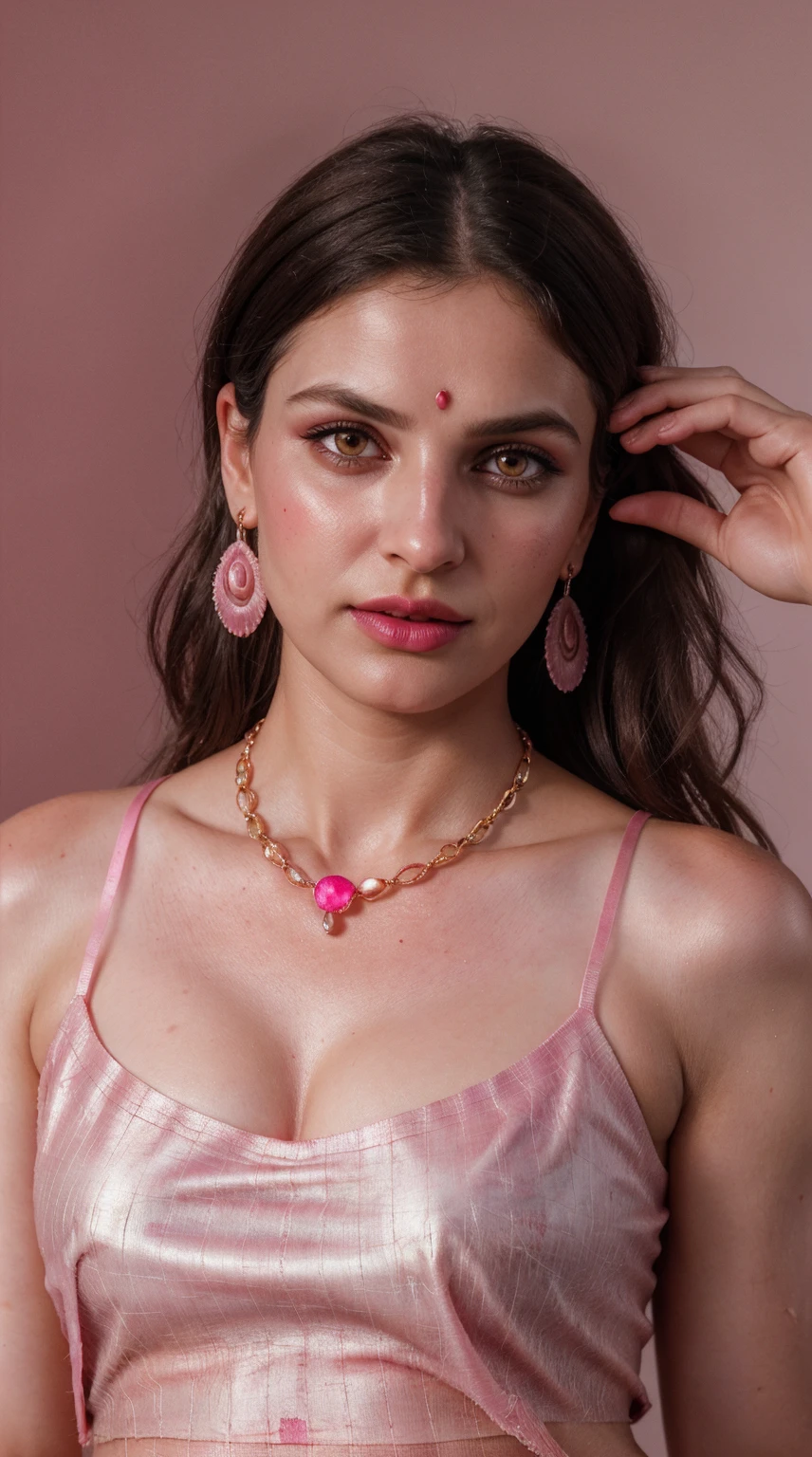 Pink indian Saree and blouse , (RAW photo, realism: 1.8), (very dark pink lip gloss, jet pink lipstick, realistic eyelashes, dark brown eye shadow, shy, blushing, high quality, high resolution, depth of field, chromatic aberration, caustic, wide light, natural colors, 30 year old woman), necklaces, chokers, earrings, bracelets, wear delicate accessories, soft skin, fair pink skin, small breasts size, oily shine skin, slime nose soft skin, wears small golden nose pin,