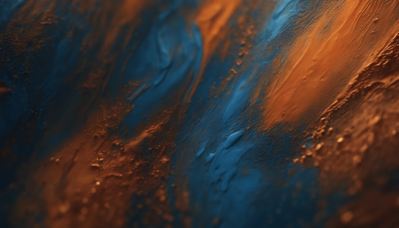 a high-resolution shot of a computer-generated abstract background, with a focus on the intricate details and textures of the blue and orange tones, creating a visually striking and realistic representation of acrylic paints