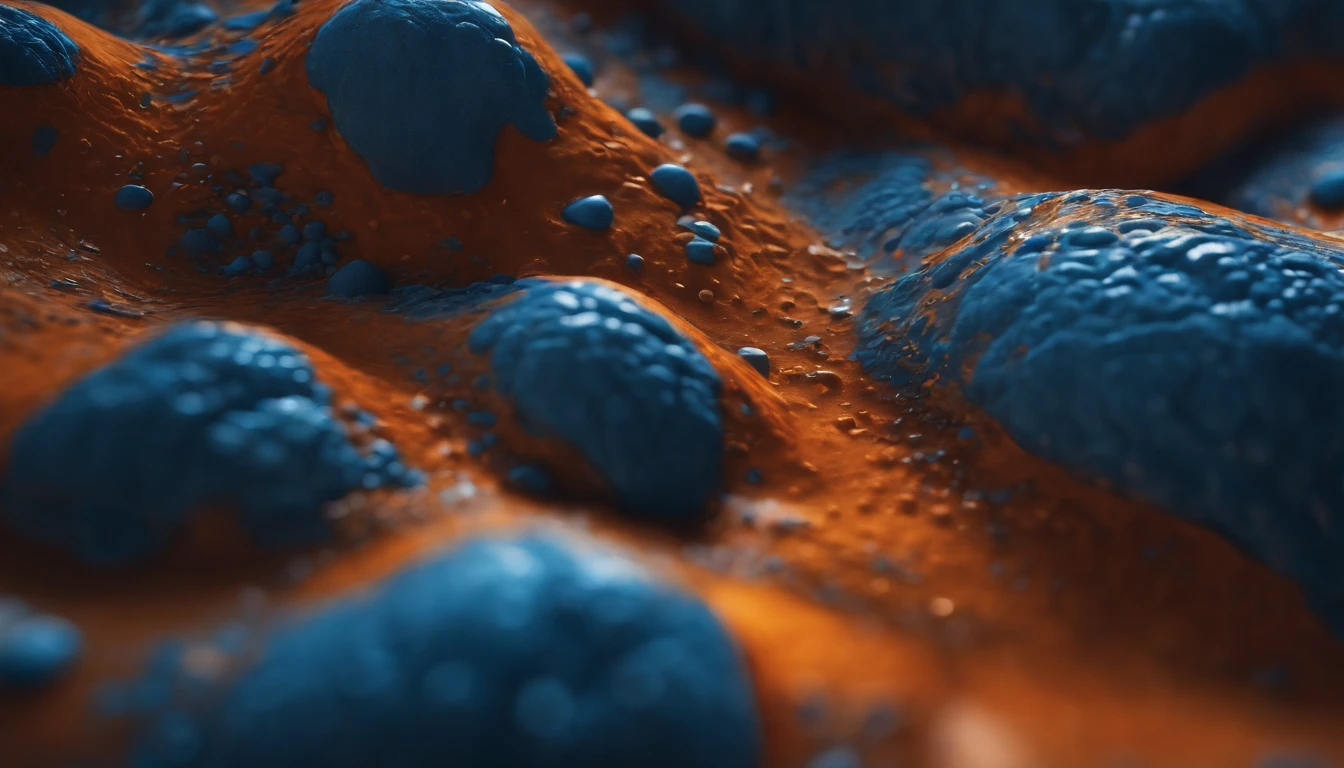 a high-resolution shot of a computer-generated abstract background, with a focus on the intricate details and textures of the blue and orange tones, creating a visually striking and realistic representation of acrylic paints