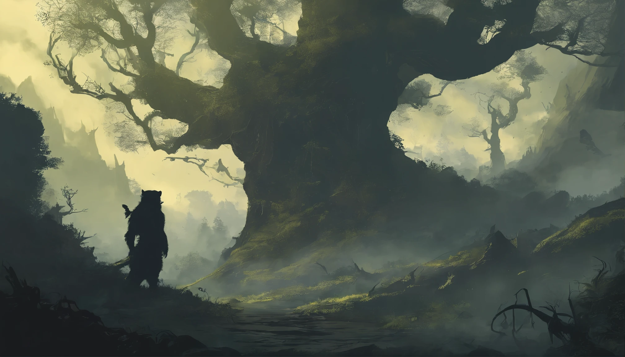 Best quality at best,ultra - detailed,actual:1.37,ln the forest,Bear skin,Berserker,Enigmatic Atmosphere,mysterious atmosphere,Threatening,Ancient samurai,dark ln the forest,Ominous,An unforgettable aura,Strong gaze,thick moss,ancient rune,Secret ceremonies,An unsettling existence,Threatening aura,primal rage,wild energy,Ominous shadows,robust战士,tribal tattoos,torn outfit,Savage,ferocious,wasteland,untamed,sbeard,Heavy construction,sullen,Otherworldly,Ominous trees,mossy ground,dense foliage,sunshines through the leaves,Illuminated by moonlight,etherealglow,Whispering wind,Ominous预感,Jumpy,O spirit,Huge numbers,distant thunder,llight rays,contemplative,robust,indomitable,ancient beast,mystic symbols,A deep-rooted tradition,Ancestral knowledge,roaring wind,untamed spirits,Peace and quiet,Color Palette: Earthy tones,Dappled light,Subtle shadows,ambientlighting