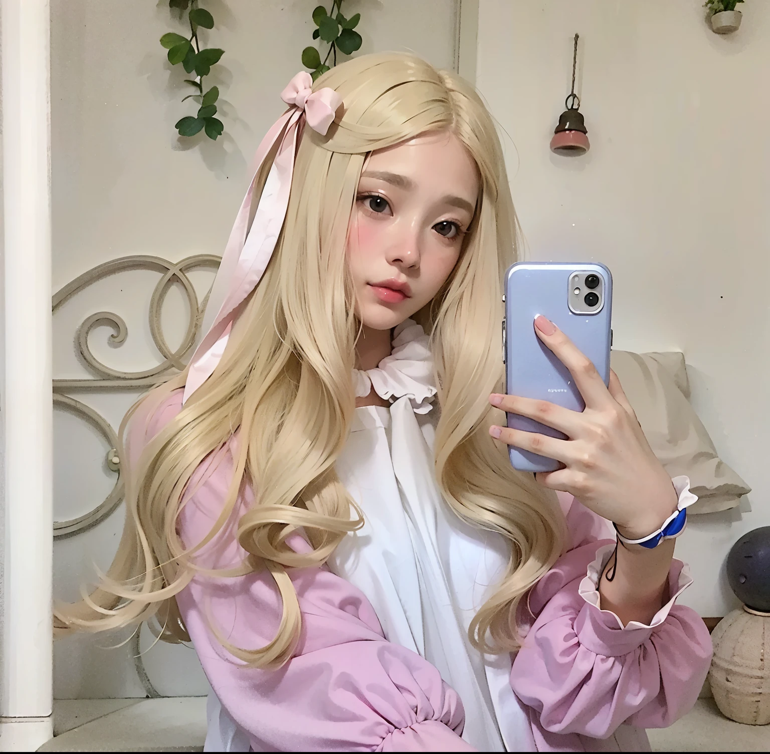 Blonde haired girl with a pink bow and headband posing for a photo, linda Delphine, branco hime corte penteado, Branch Range, Fairycore, longos cabelos brancos e franja, pale porcelain white skin, her hair is white, cabelo whitebangs cabelo, pale hair, menina perfeita de cabelos brancos, extremely pale blond hair, kawaii aesthetic, Estilo Lolita, ivory pale skin