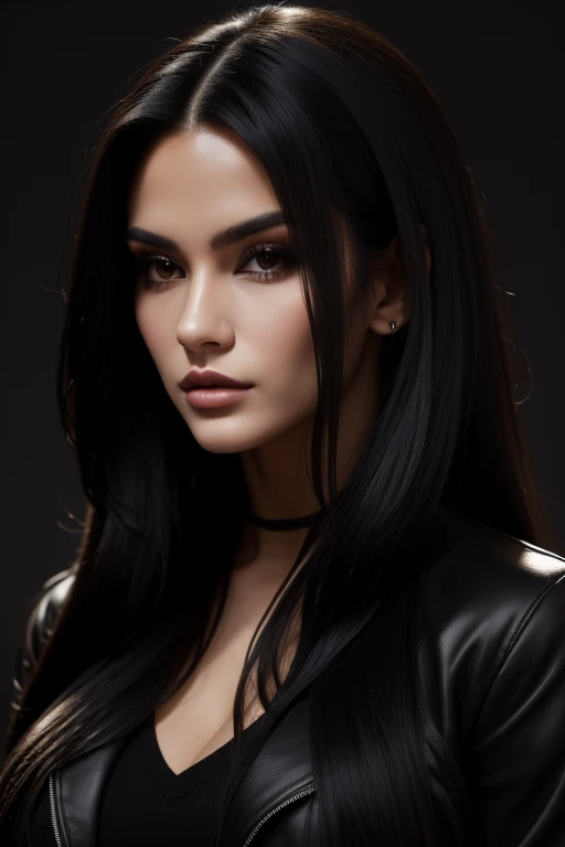 a young beautiful woman with long black hair and a black jacket, i can't believe how beautiful and sexy she is, distinct facial features, layered textures, strong contrast between light and dark, sharp attention to detail