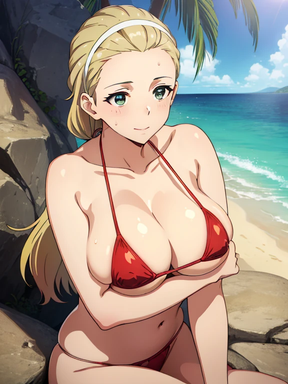 (masterpiece, top-quality, detaile, hight resolution, extremely delicate and beautiful, anime screen cap, anime colours, 8k, photorealistic), (red&white Micro Bikini:1.5), (huge drooping breasts:1.5, cleavage:1.5), POV, akebi sasaki, hairband, 1girl, (15years old), dark green eyes, smile, blush, ((front view:2.0, leaning forward:1.5, Upper body, slim:1.5, down arms, sit)), ((perfect detailed anatomy, Beautiful eyes&hair,  beautiful face, beautiful breast&body, Shiny skin)), in beach, Sweat,