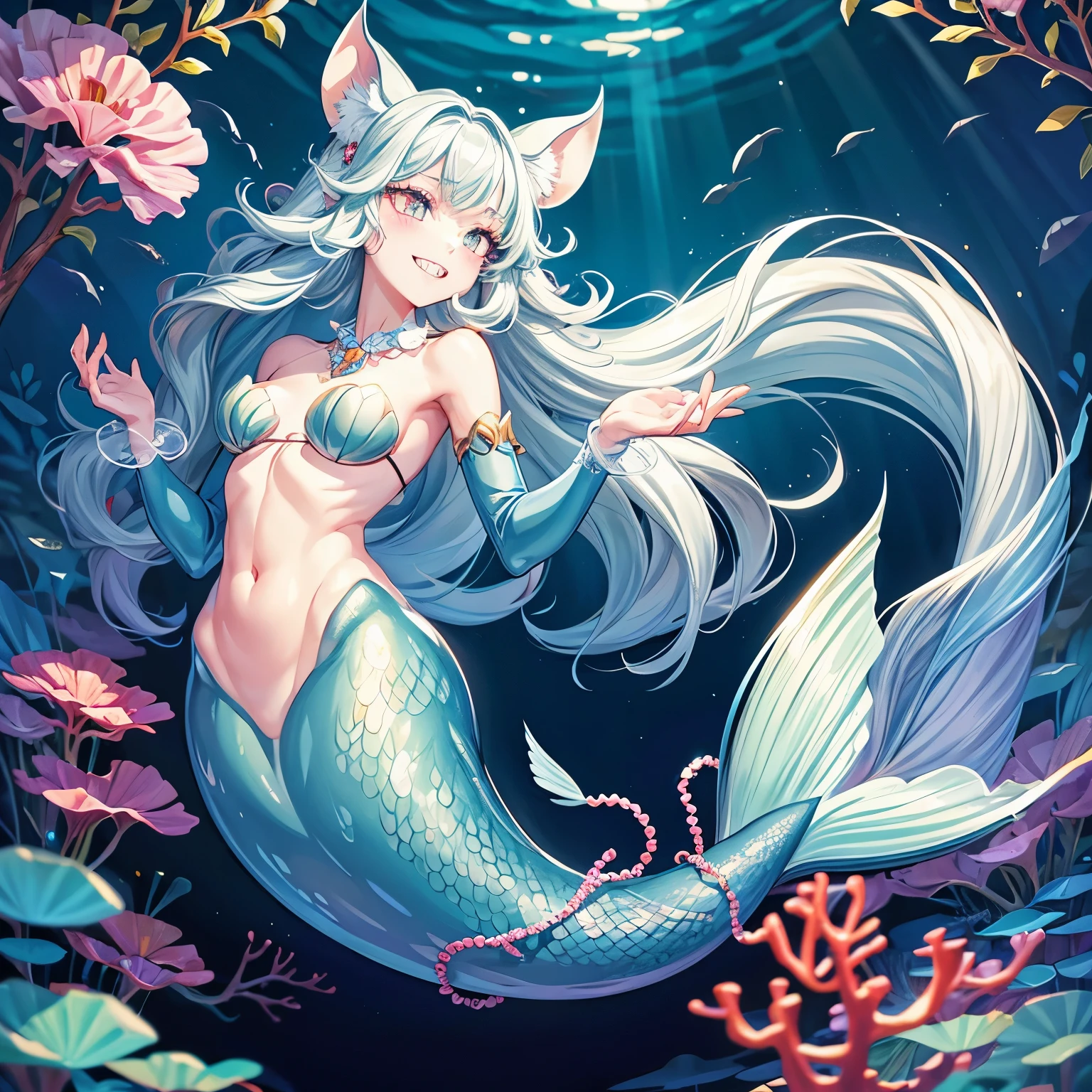 Pretty anthropomorphic mouse girl magically transformed into a beautiful mermaid, race swap, sharp teeth, is smiling, drawn in anime style, fishlike, very long curly white hair, red eyes, white fur, slim body, whiskers, mouse ears, long cyan mermaid tail below waistline, shimmering fish scales, pelvic and dorsal fins, a pair of fish gills on her torso, seashells bra, pearl earrings and bracelets, pearl necklace, swimming underwater, coral reef, ocean depth, Highly detailed, masterpiece, high quality, 4K.