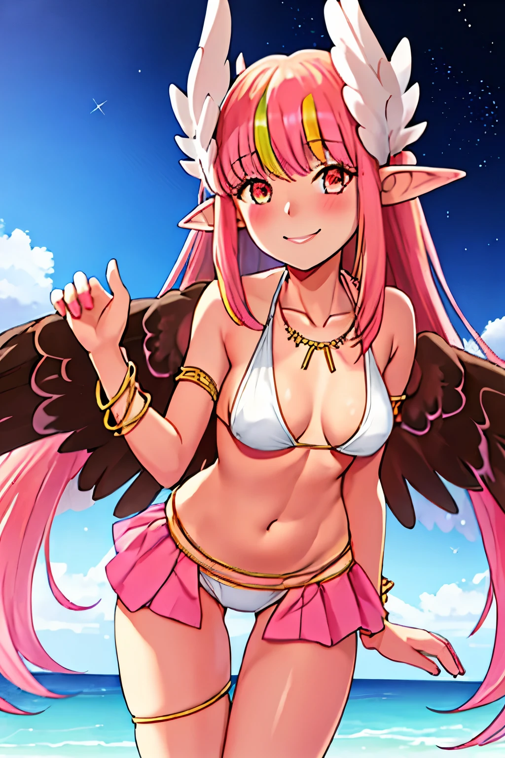 best quality, master piece, High, alone, {Night:1.10}, {Starlight sky:1.10}, Beach, beautiful detailed sky, {Extremely detailed background:1.20}, {Circe_FGO:1.15}, {stand:1.10} , Looking at Viewer, {bikini:1.30}, pointy_Ears, Pink_hair, Head_Wings, Wings, fringe, feathered_Wings, Long_hair, jewelry, smile, breasts, necklace, blush, small_breasts, multicolored_eye, light smile