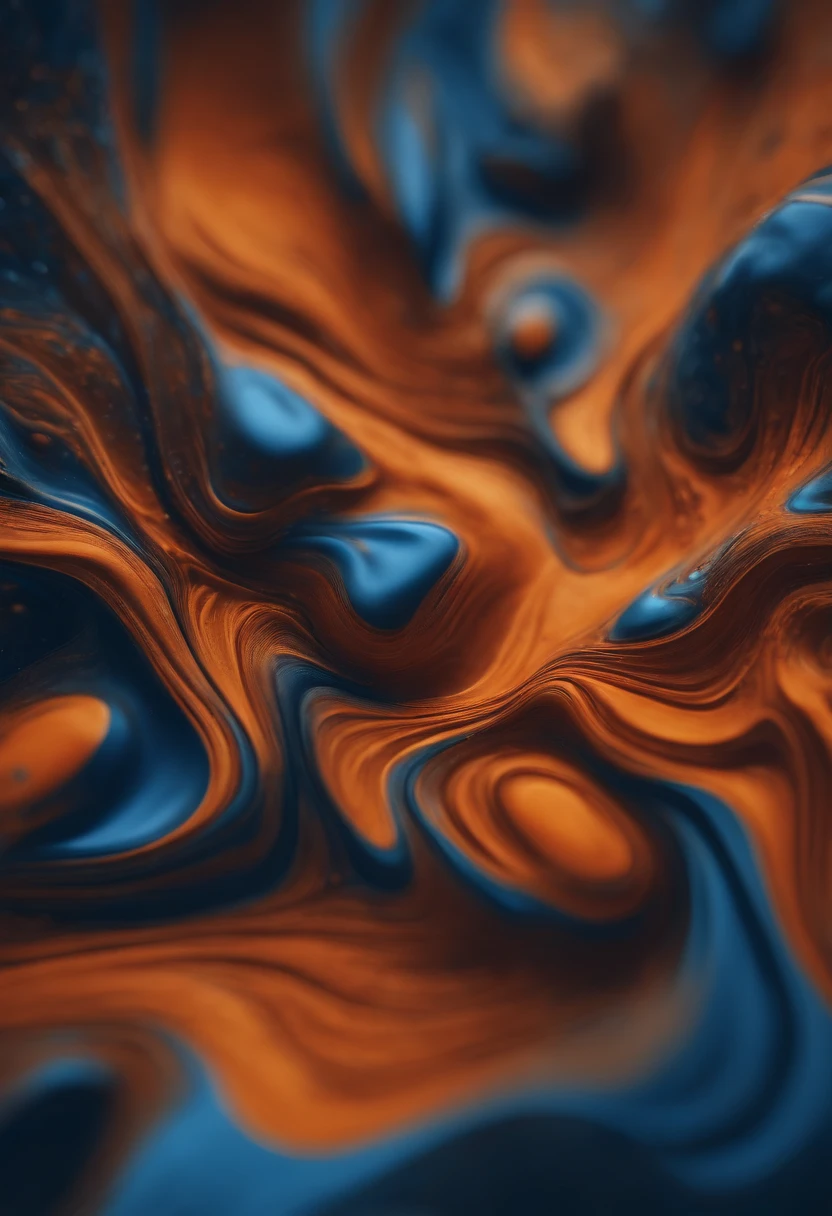 a high-resolution shot of a computer-generated abstract background, with a focus on the intricate details and textures of the blue and orange tones, creating a visually striking and realistic representation of acrylic paints