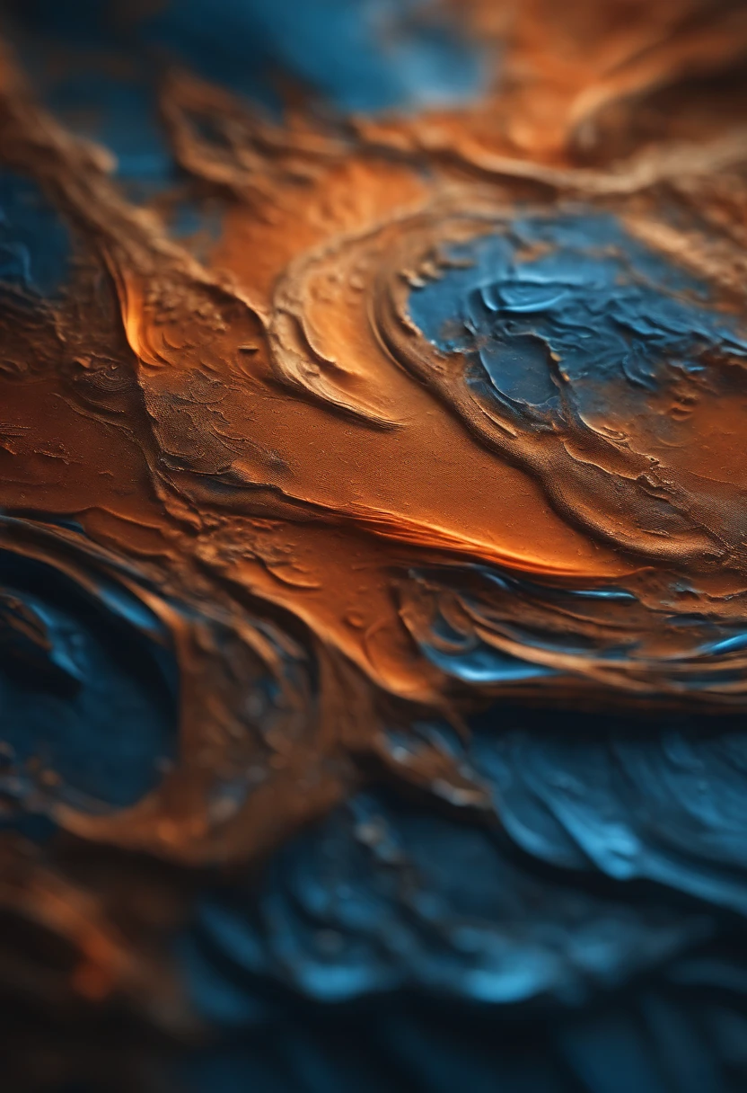 a high-resolution shot of a computer-generated abstract background, with a focus on the intricate details and textures of the blue and orange tones, creating a visually striking and realistic representation of acrylic paints