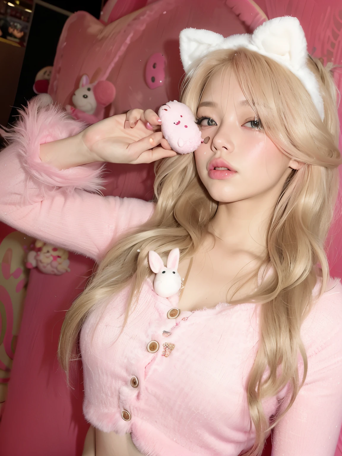 blond girl with pink hair and white cat ears holding a pink donut, roseanne park of blackpink, ultrarealistic sweet bunny girl, belle delphine, lalisa manoban of blackpink, portrait of jossi of blackpink, lalisa manobal, the bunny has pink fur, sakimichan, ulzzang, with bunny ears, wearing a pink rabbit costume