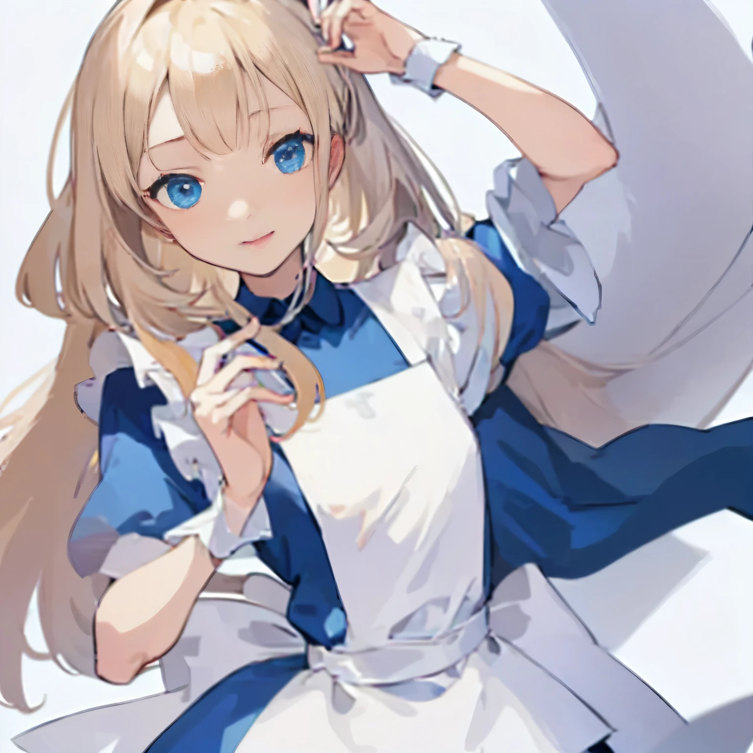 【Highest Quality, masutepiece】  [(1girl:1.5), expressioness, (blonde hair:1.5), long hair,Blue dress, (blue eyes:1.3), white legwear, apron, hairband ribbon, slender beauty, short stature ,shoes, short sleeves, saucer, black footwear, Upper body] (Gray white background:1.7), smile