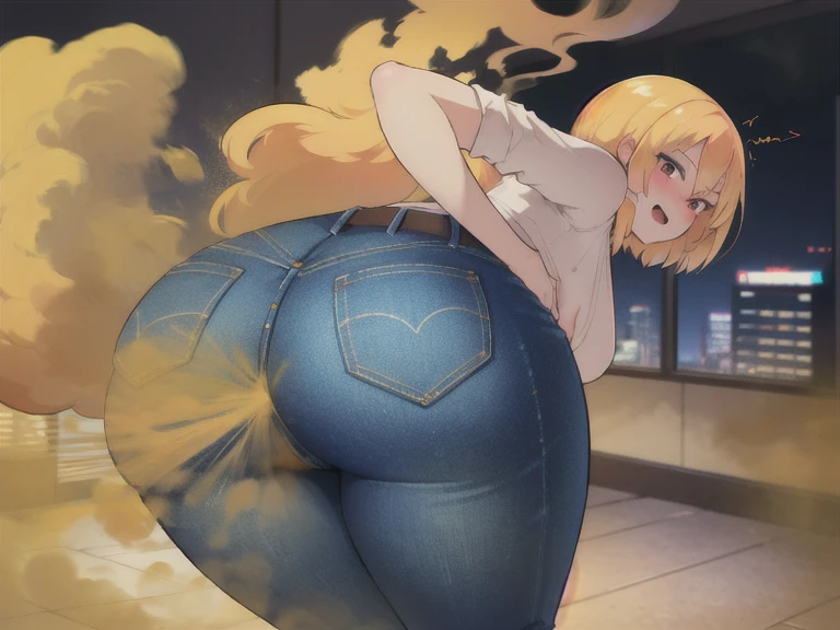 ((masutepiece, High resolution, depth of fields, 4K, Ticker,)),(((velocity)),(((A girl with peachy hair long))), Attacked by big farts, Attack with big farts,Leaning forward)),(big butts), ((Thrust your hips up)),((jeans)),,Big fart from the ass,bending forward,emphasis on the buttocks,bending forward,((Your butt is sticking out here))), (((Yellow smoke is rising ))),(((Big farts coming out of the buttocks ))),red blush, Ahegao