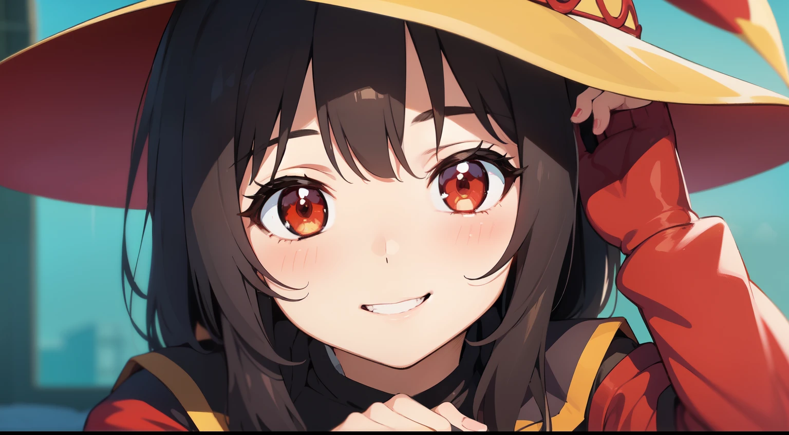 A girl with her hands pressing her cute cheek, inspired by the character Megumin from the anime Konosuba, perfect girl with an elegant smile, background as shown in the image, bright red eyes, stars just like the anime, anime from the 80s