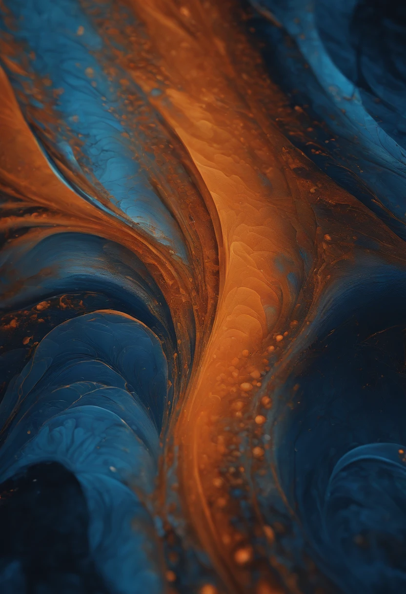 a macro shot of a computer-generated abstract background, zooming in on the intricate details of blue and orange paint-like textures, showcasing the depth and complexity of the digital artwork