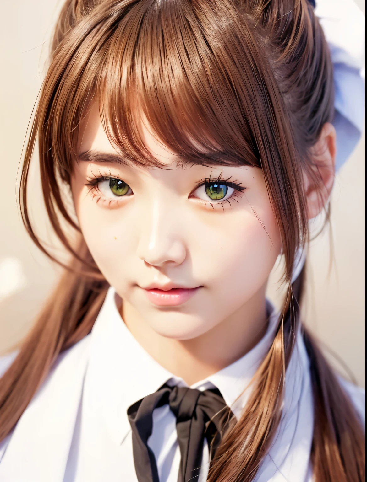 ((hd closeup photo)), ((a japanese girl with long light brown hair into ponytail. ponytail tied with ribbon. green eyes. school uniform. hyperrealistic. ultra high res.))(8K, RAW photos, best quality, tmasterpiece: 1.2) , (realisticlying, photograph realistic: 1.4),UHD