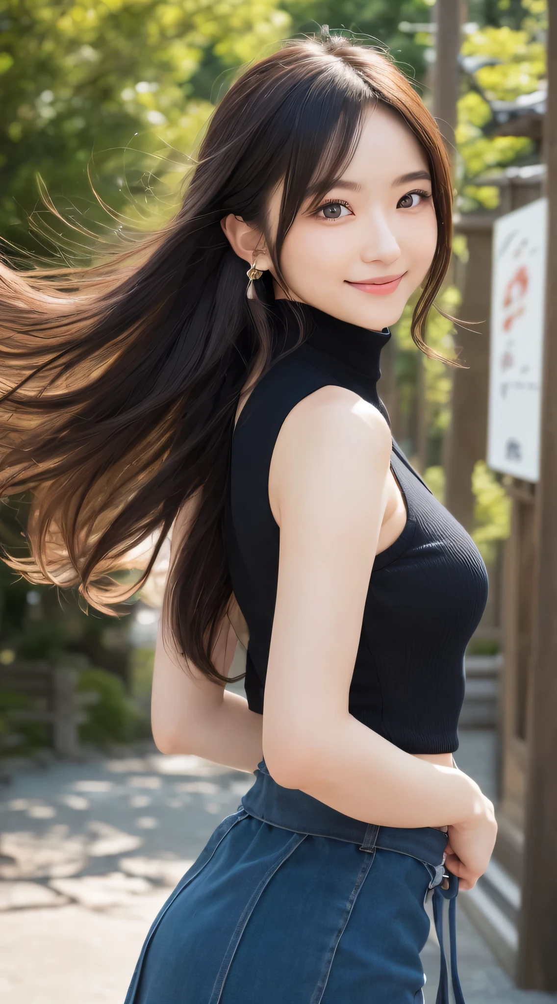 (One Woman),(Bursting smile:1.5),(Look at viewers:1.1),(hide one's hands:2.0),(Beautiful Japan Woman),(hair behind ear, hair over shoulder, straight haired, Long hair, strong wind in the hair:1.5), ( High neck sleeveless , tight skirts:1.5), (high-heels;1.3), detailed clothes, (Perfect female body), (Narrow waist:1.5), (Bust Up Portrait:1.3), Dynamic Pose, Cinematic Light, shores