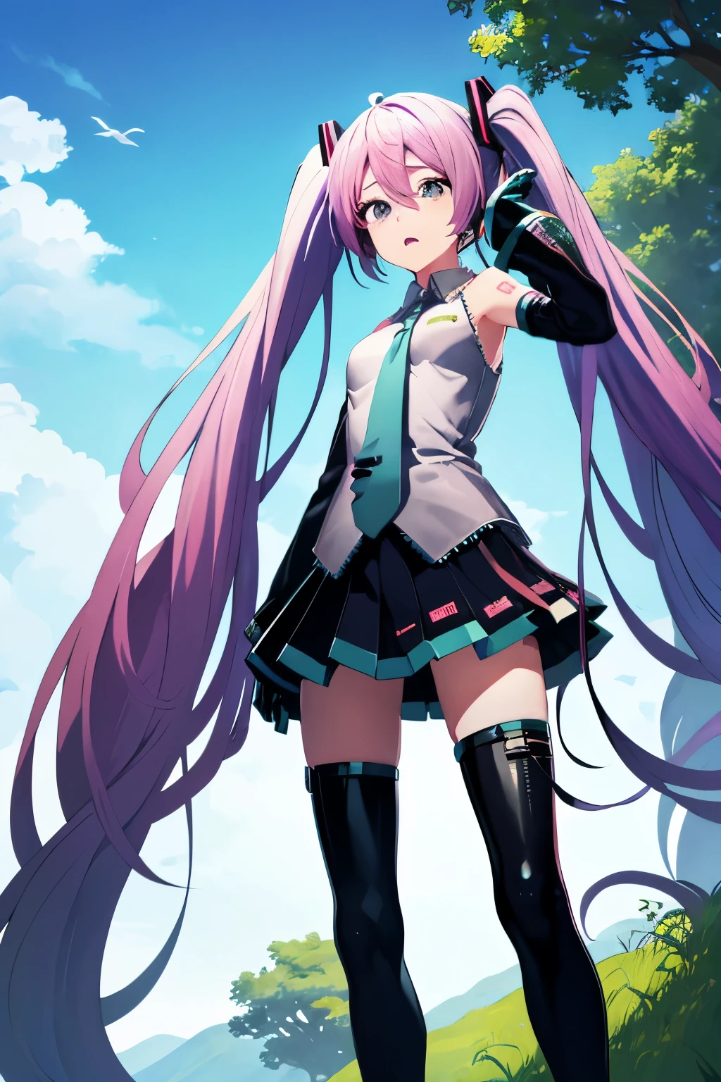 masutepiece, Best Quality, 1girl in, (Medusa),Purple hair, (black eyes:1.2),((Hatsune Miku's Costume))、((a miniskirt))、((embarassed expression))、((fullmoon))、((Photo from below))、((thigh high boots))、((Long))、((White Long Gloves))、