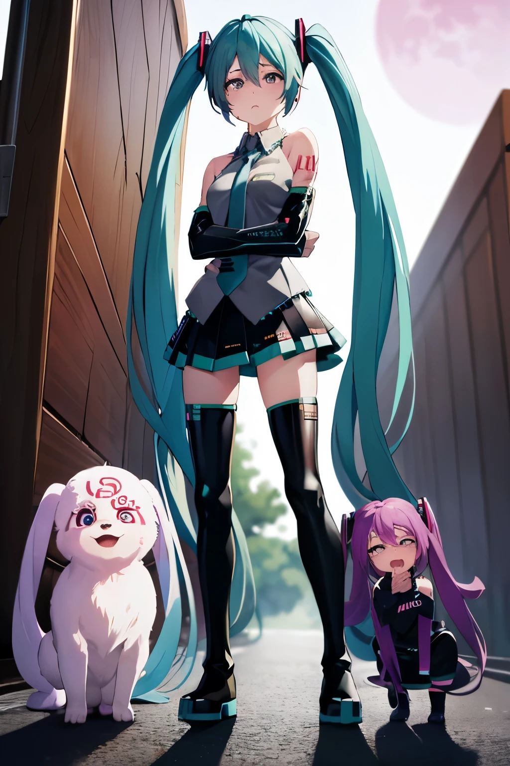 masutepiece, Best Quality, 1girl in, (Medusa),Purple hair, (black eyes:1.2),((Hatsune Miku's Costume))、((a miniskirt))、((embarassed expression))、((fullmoon))、((Photo from below))、((thigh high boots))、((Long))、((White Long Gloves))、