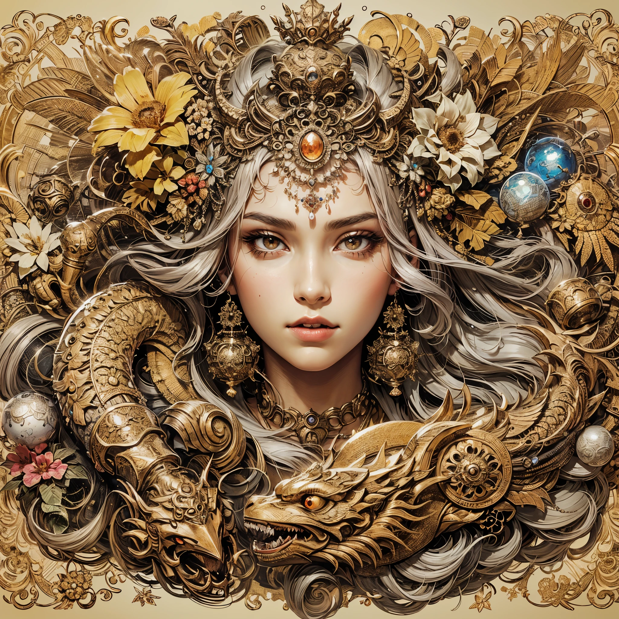 a woman with large breast show cleaveage with a dragon headdress and flowers in her hair, goddess. extremely high detail, 4k highly detailed digital art, extremely detailed goddess shot, intricate ornate anime cgi style, detailed fantasy digital art, great digital art with details, intricate digital painting, 4 k highly detailed art, karol bak uhd, gorgeous digital art, ultra detailed color art, masterpiece, best quality:1.2),,(8k,highres,RAW photo,realistic,photo-realistic:1.3),(detailed skin texture,detailed cloth texture,beautiful detailed face:1.25),professional lighting,photon mapping,beautiful soft light,radiosity,physically-based rendering,raytracing, model shoot style, model shoot style, (extremely detailed CG unity 8k wallpaper), full shot body photo of the most beautiful artwork in the world,