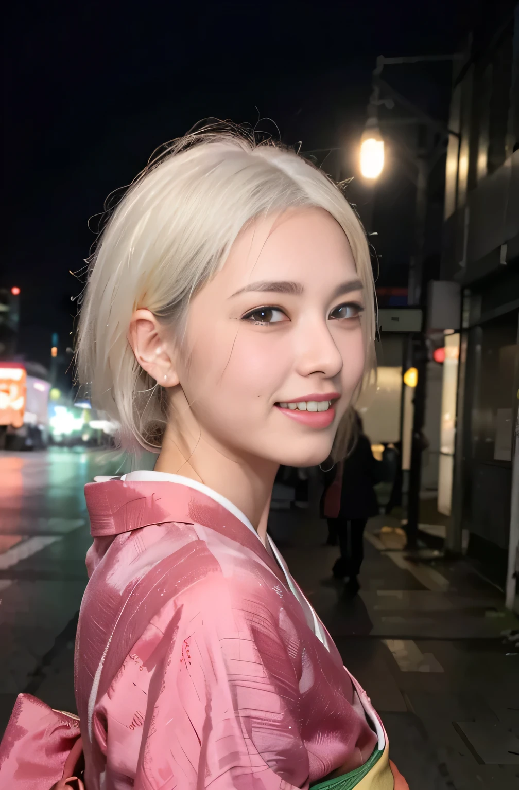 (8k, RAW photo, best quality, mastery:1.3), (realistic, photo-realistic:1.37), (looking viewer:1.331), (white hair), posing, Tokyo street, nightcityscape, cyberpunk city, soft light, 1girl, extremely beautiful face , Perfect body proportions, (small face: 1.1), bust, casual hairstyle, smile, big eyes, (slip kimono), mix4, detailed eyes