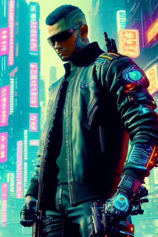 masterpiece, digital art, unreal engine  high definition, vigilant man in the style of cyberpunk 2077, black leather clothing, with LED light effects, gun in the style of cyberpunk 2077, smart glasses, in a futuristic city in the style of cyberpunk 2077, flying cars Tesla in a cyberpunk 2077 style city