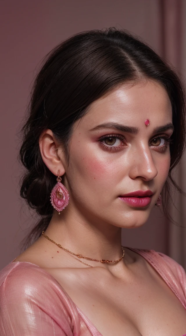 Pink Indian Saari blouse , (RAW photo, realism: 1.8), (very dark pink lip gloss, jet dark pink lipstick, realistic eyelashes, dark brown eye shadow, shy, blushing, high quality, high resolution, depth of field, chromatic aberration, caustic, wide light, natural colors, 30 year old woman), necklaces, chokers, earrings, bracelets, wear delicate accessories, soft skin fair pink skin, small breasts size, oily shine skin, slime nose soft skin, wears small golden nose pin,